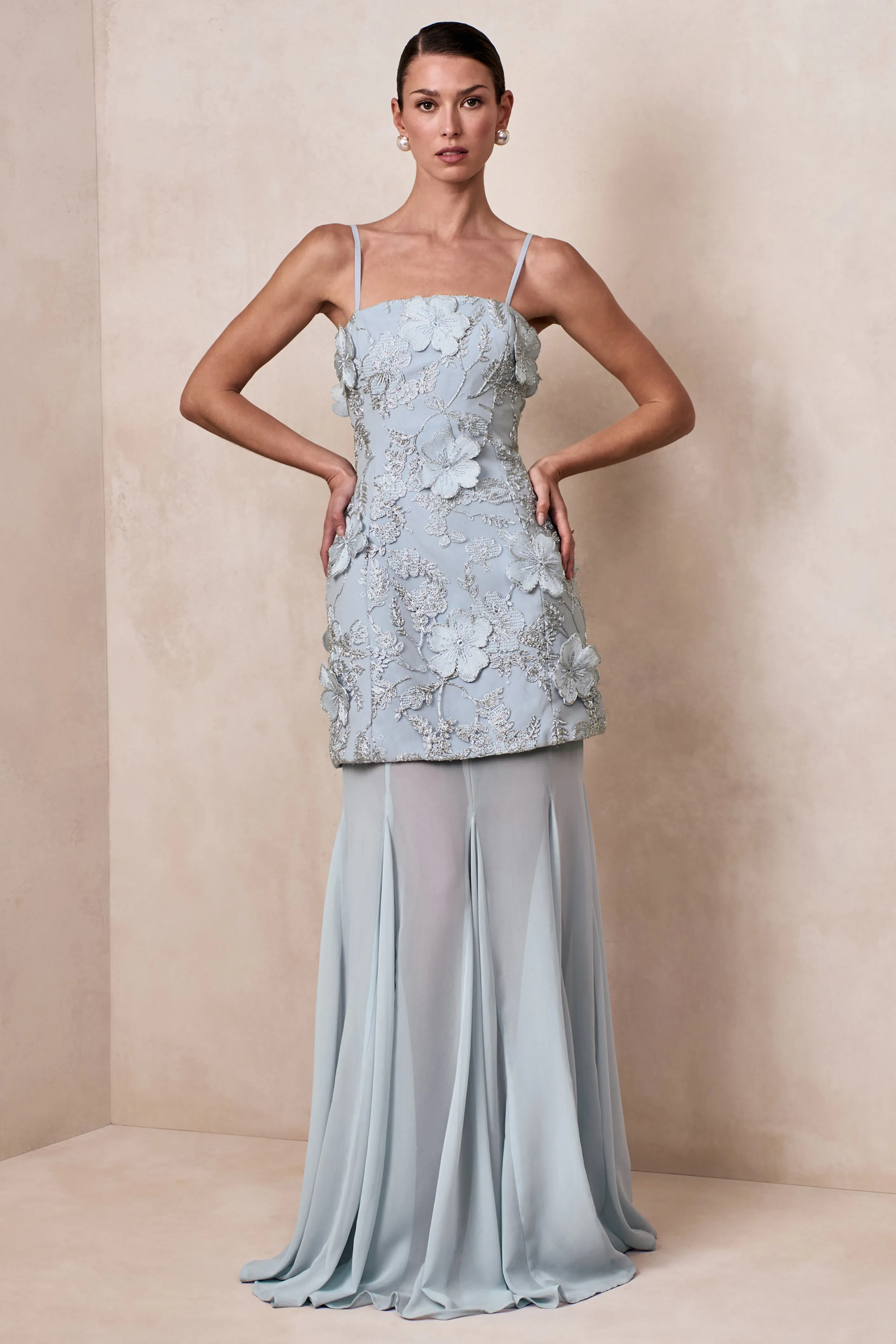 Nessa | Light Blue 3D Floral Square-Neck Maxi Dress With Sheer Skirt sold by Club L London product image thumbnail 4