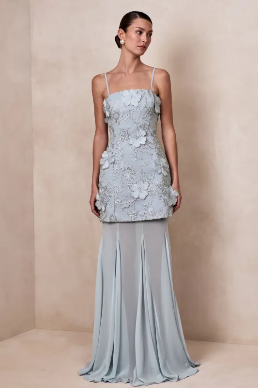 Nessa | Light Blue 3D Floral Square-Neck Maxi Dress With Sheer Skirt sold by Club L London