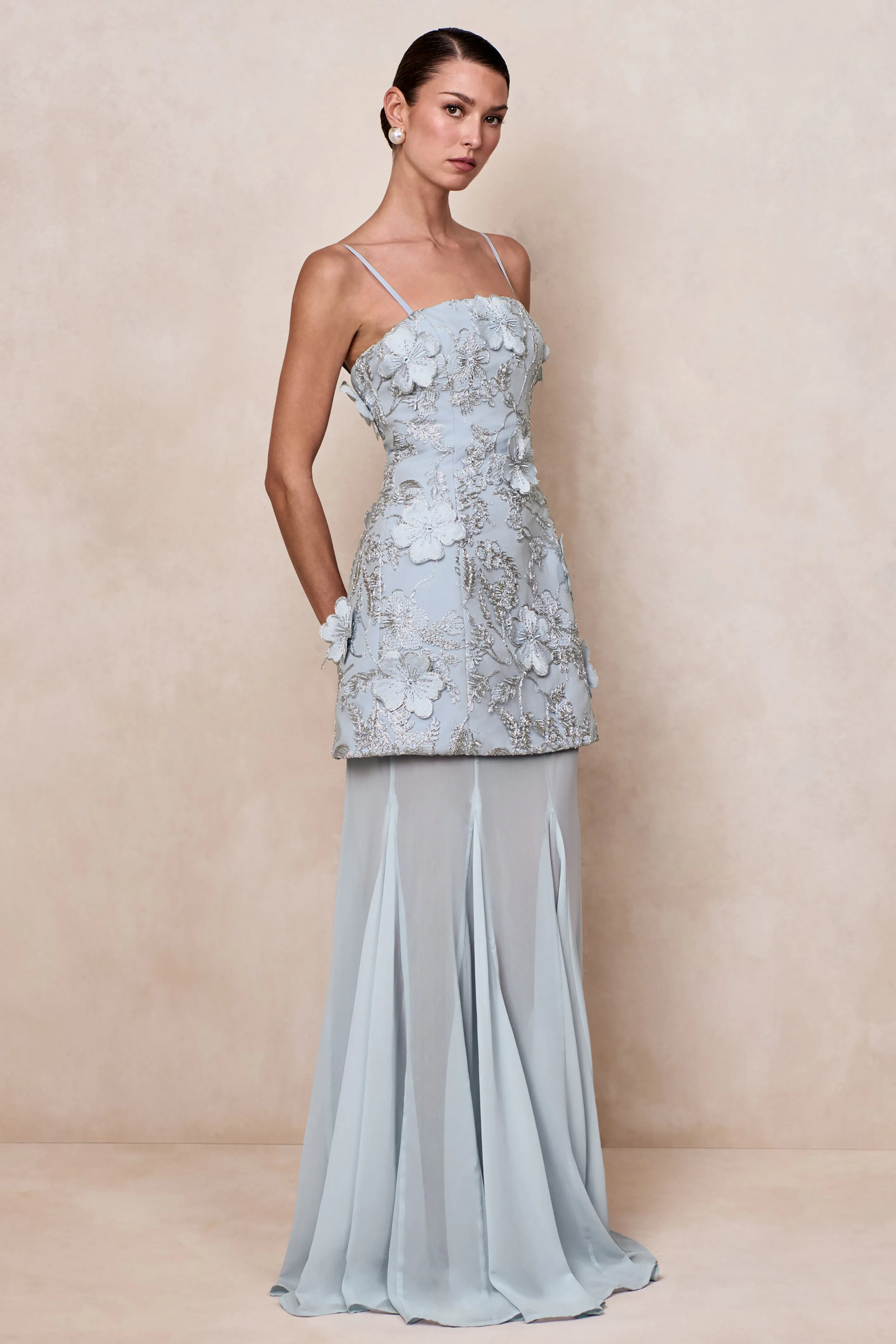 Nessa | Light Blue 3D Floral Square-Neck Maxi Dress With Sheer Skirt sold by Club L London product image thumbnail 5