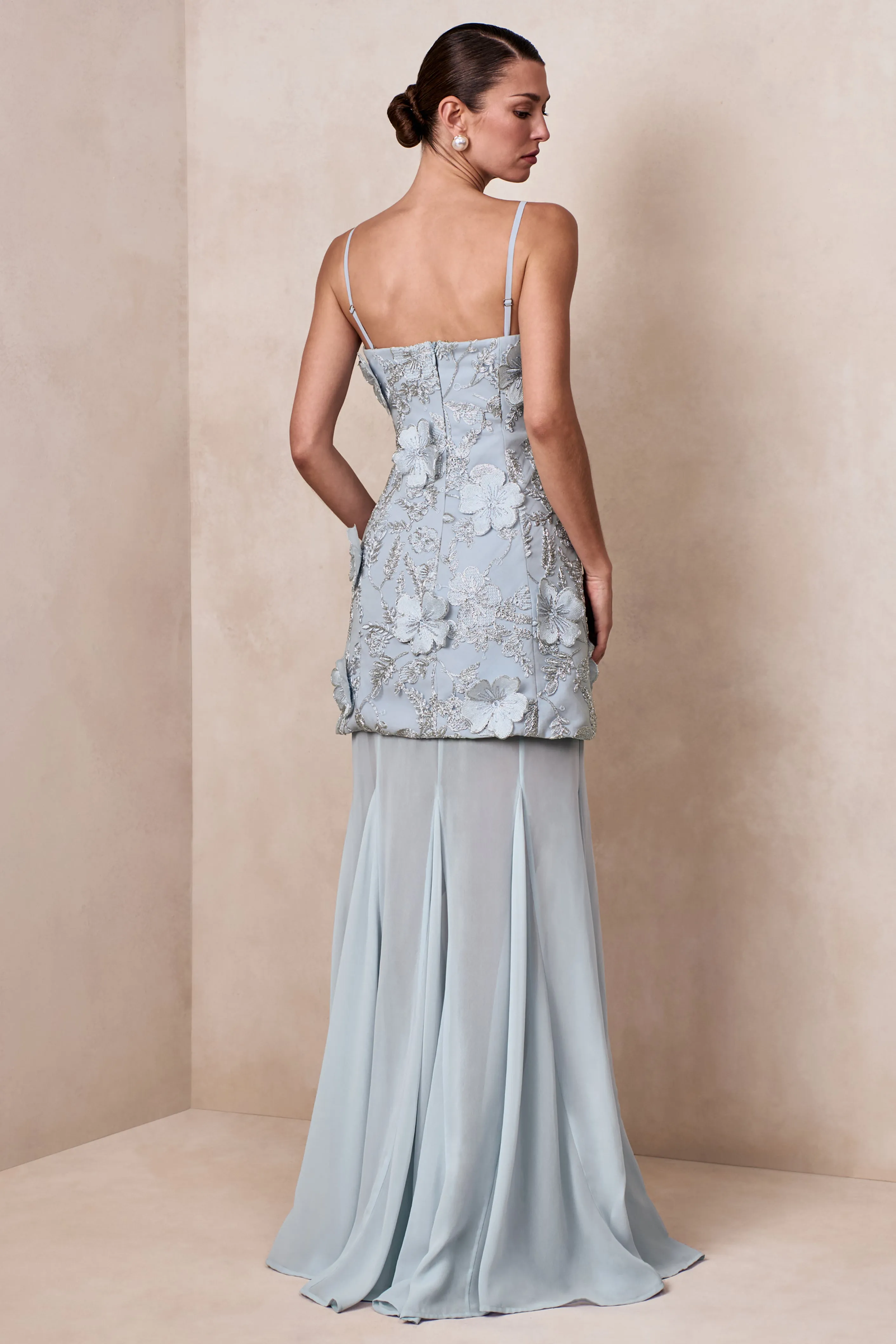 Nessa | Light Blue 3D Floral Square-Neck Maxi Dress With Sheer Skirt sold by Club L London product image thumbnail 2