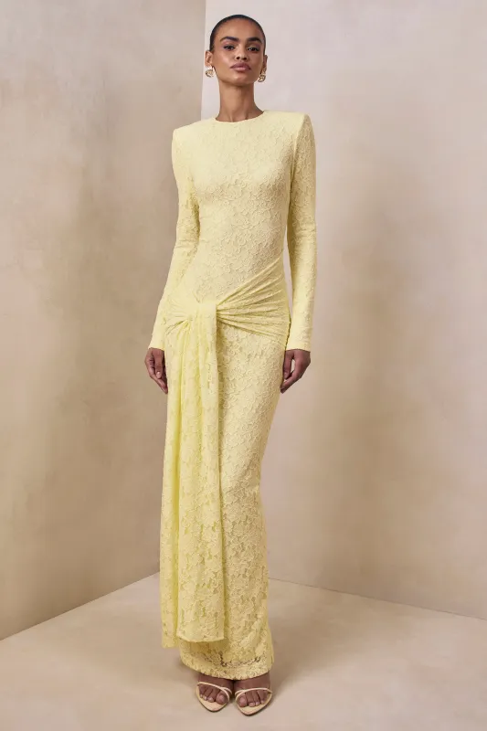 Evangela | Lemon Lace Crew-Neck Maxi Dress With Wrap-Detail made by Club L London