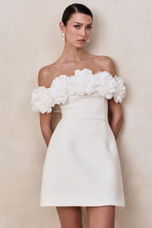 Florinda | White Boucle Floral-Bardot Neck Mini Dress sold by Club L London