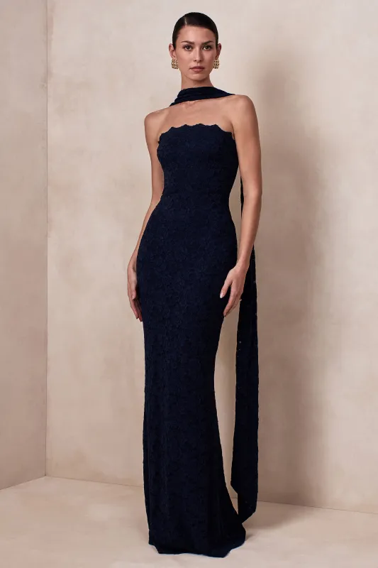 Massima | Navy Lace Bandeau Maxi Dress With Scarf-Detail sold by Club L London