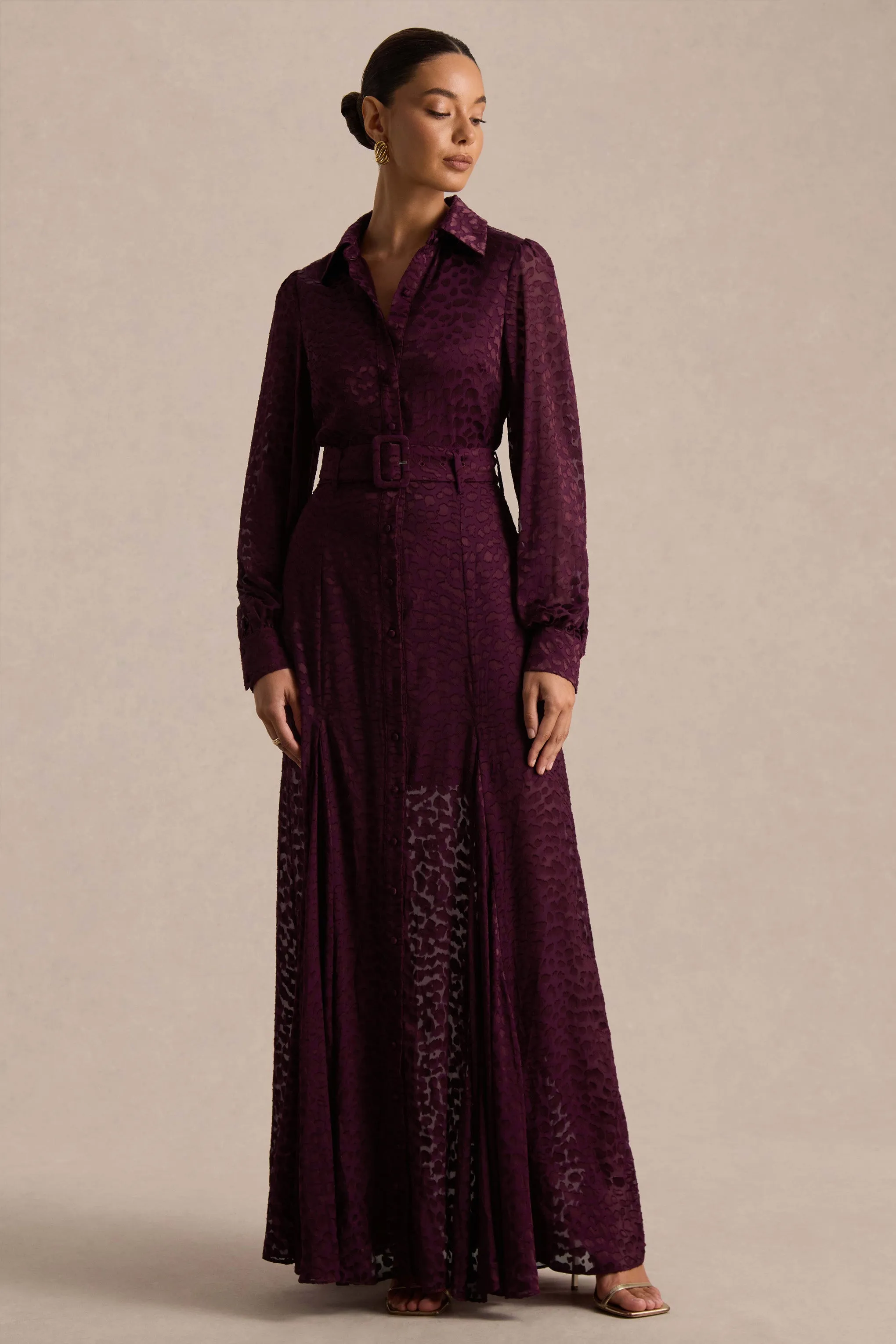 Kirsty | Purple Long Sleeve Shirt Dress With Full Skirt sold by Club L London