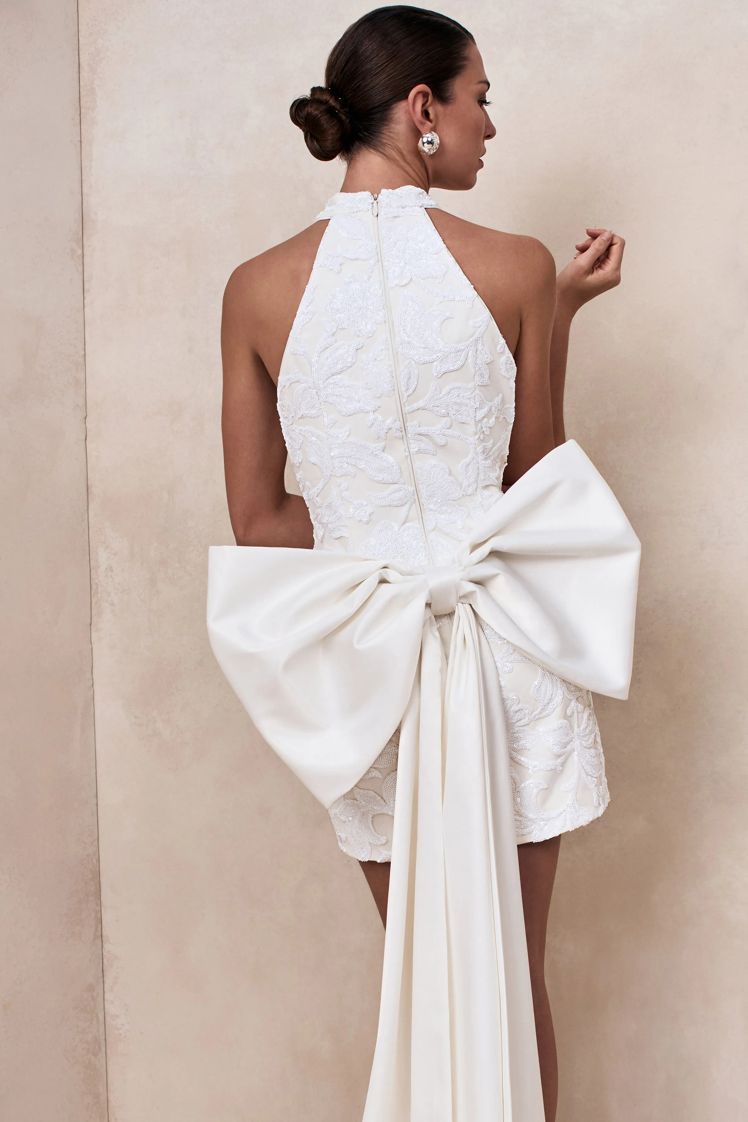 Dreamer | White Lace Halter-Neck Mini Dress With Oversized Bow Detail sold by Club L London product image thumbnail 3