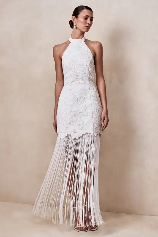 Skylar | White Lace Halter-Neck Fishtail Maxi Dress With Open-Back And Bow Detail sold by Club L London
