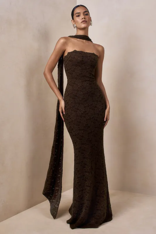 Massima | Brown Lace Bandeau Maxi Dress With Scarf-Detail made by Club L London