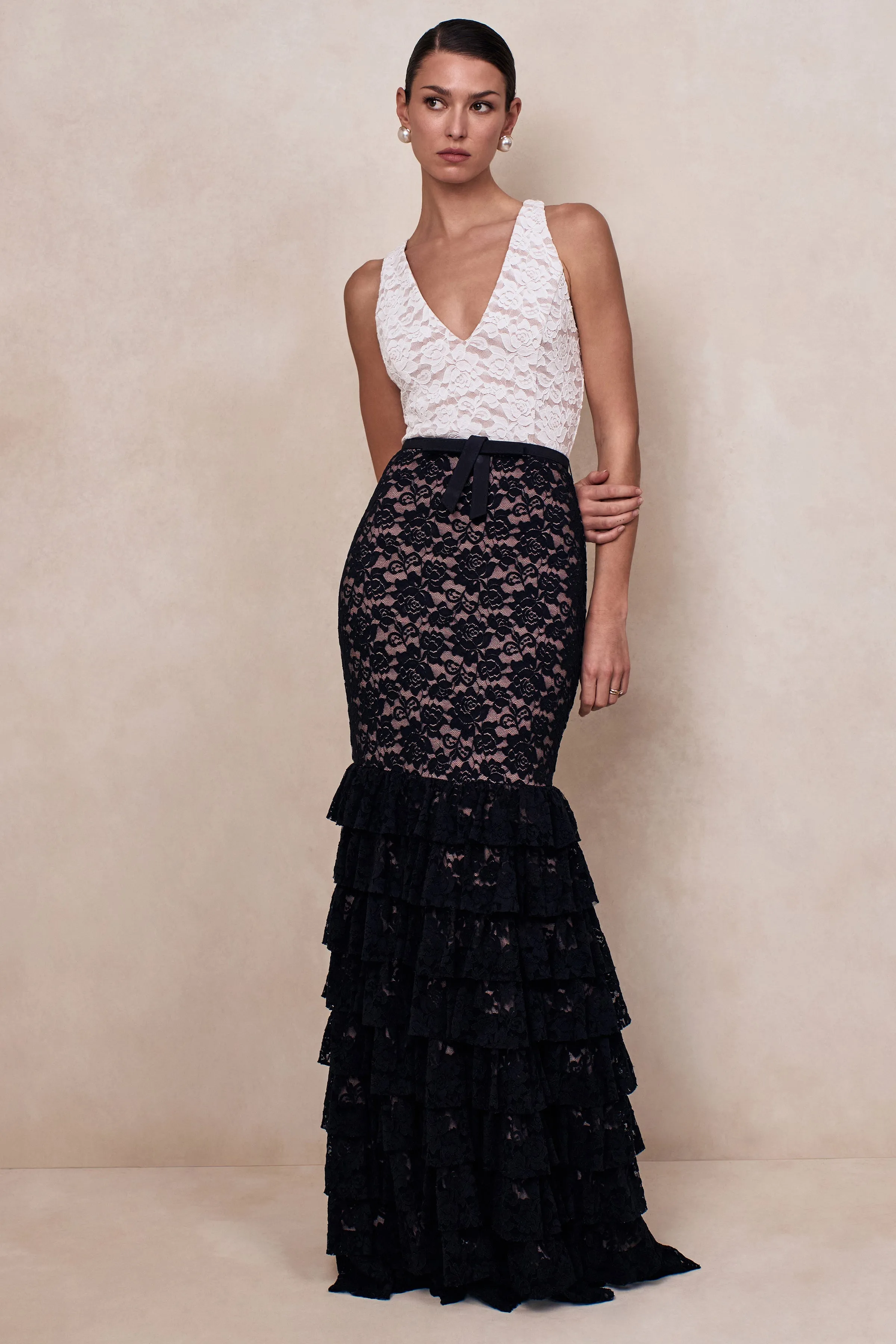 Isoria | Black And White Lace Halter-Neck Maxi Dress With Bow-Belt Detail sold by Club L London product image thumbnail 4