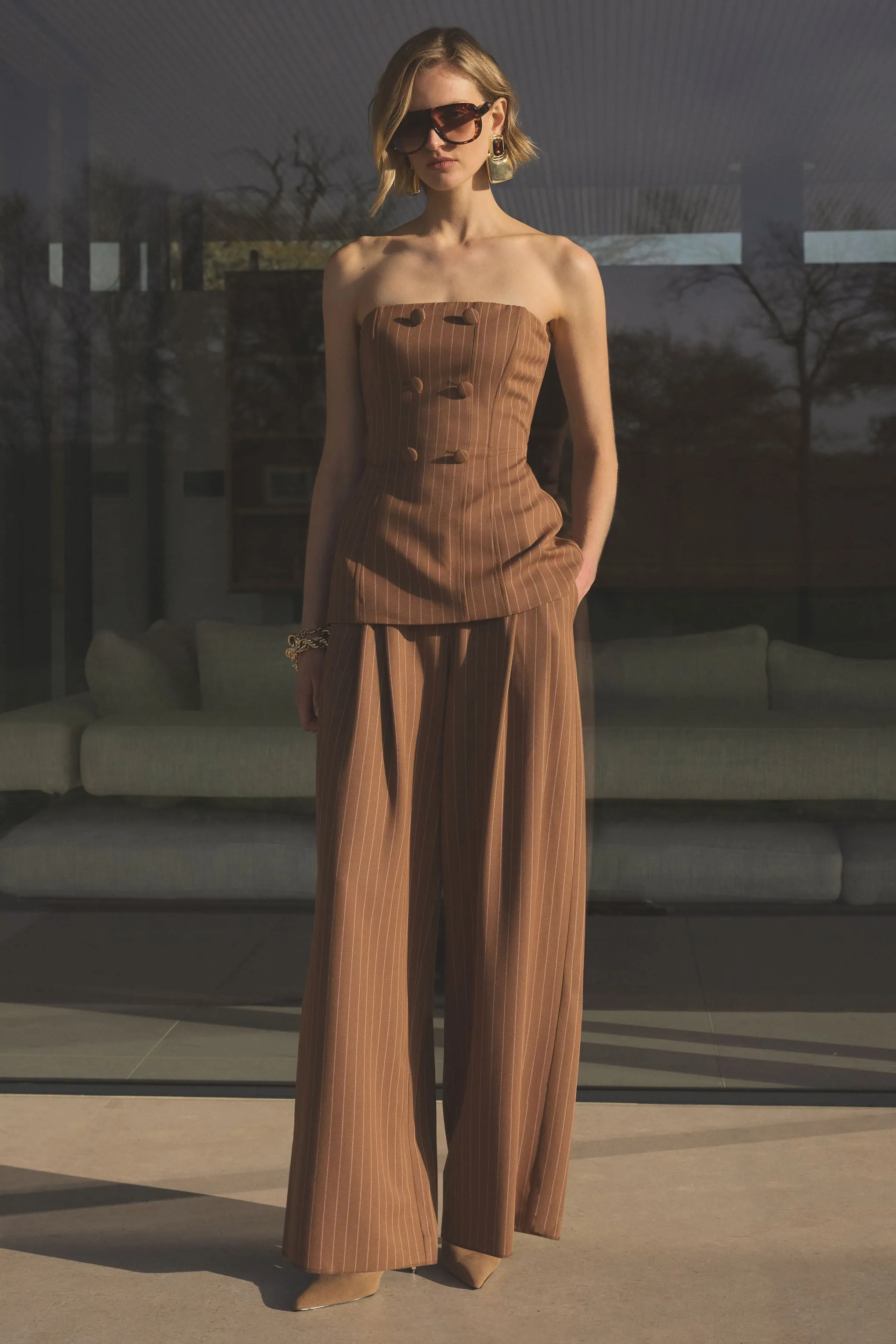 Meliva | Brown Pinstripe Wide-Leg Tailored Trouser sold by Club L London