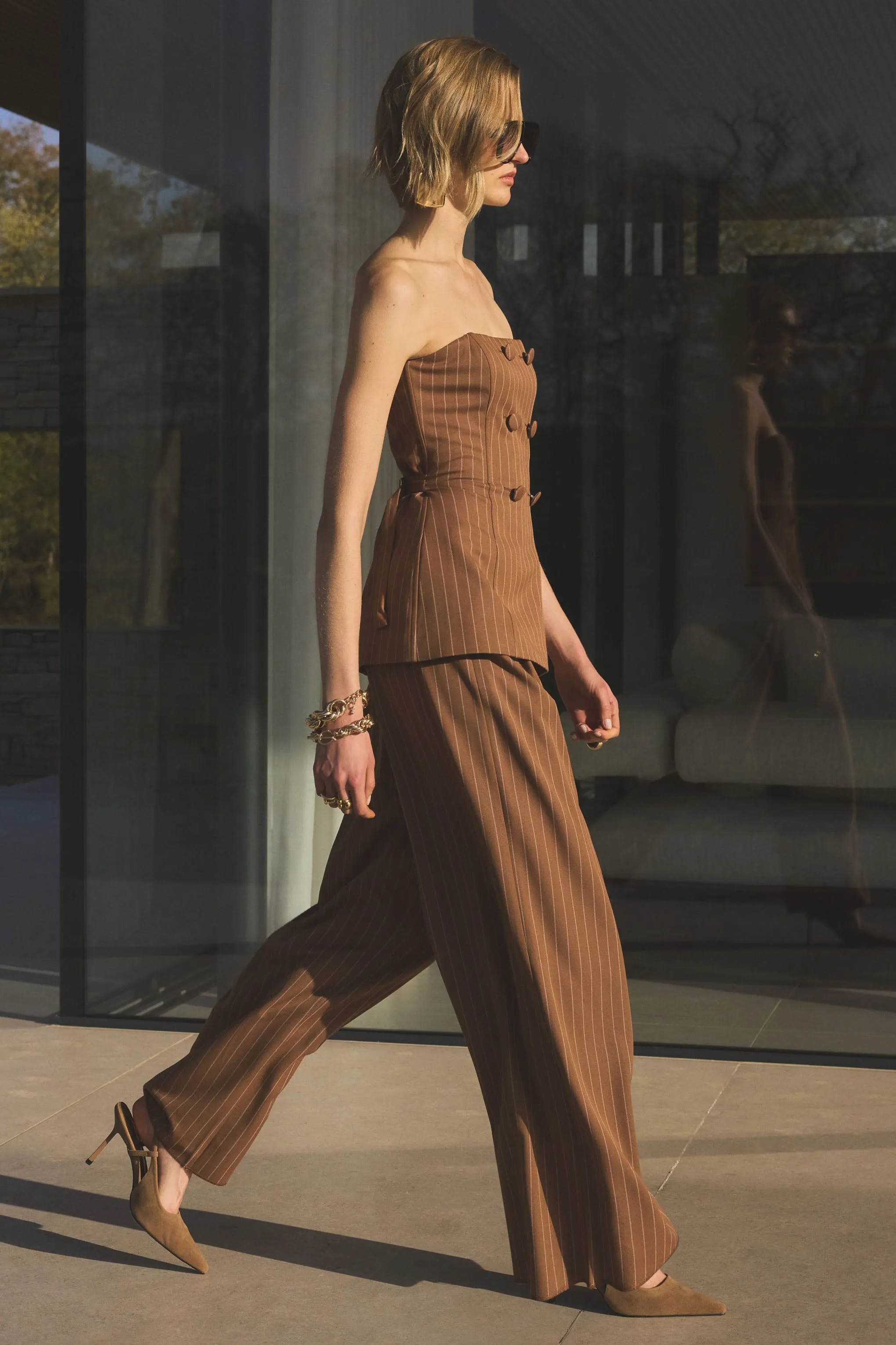 Meliva | Brown Pinstripe Wide-Leg Tailored Trouser sold by Club L London product image thumbnail 2