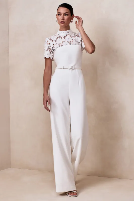 Liliana | White High-Neck Jumpsuit With Lace Detailing sold by Club L London