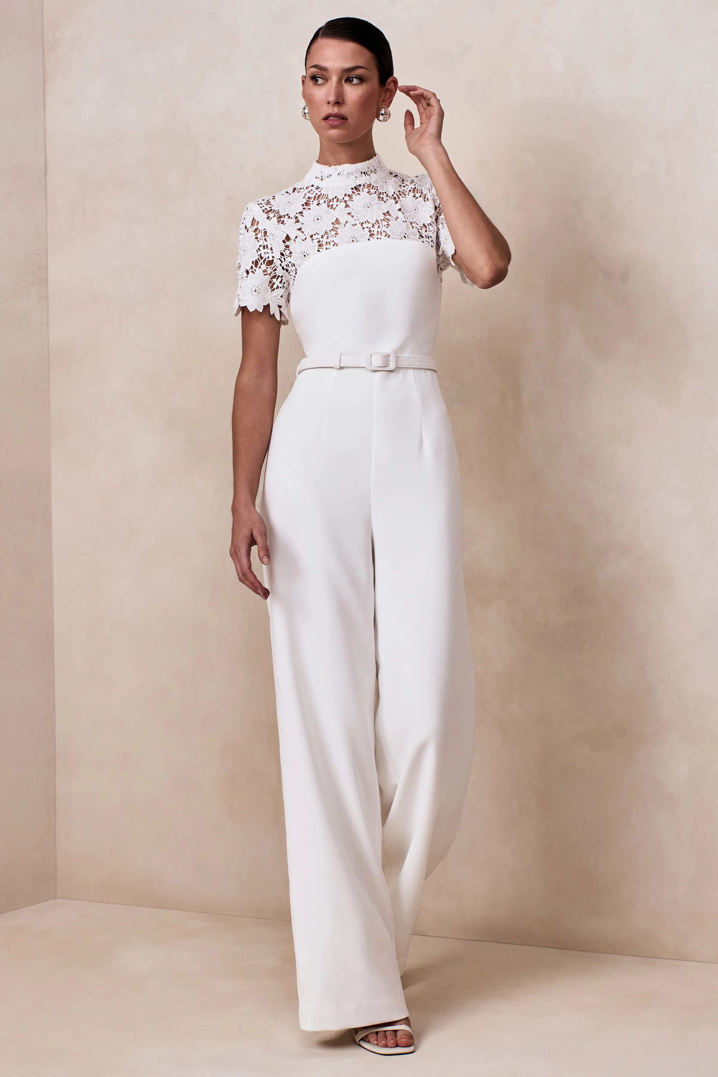 Liliana | White High-Neck Jumpsuit With Lace Detailing sold by Club L London