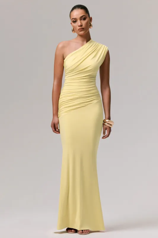 Mardi | Lemon Asymmetric Maxi Dress With Ruching sold by Club L London