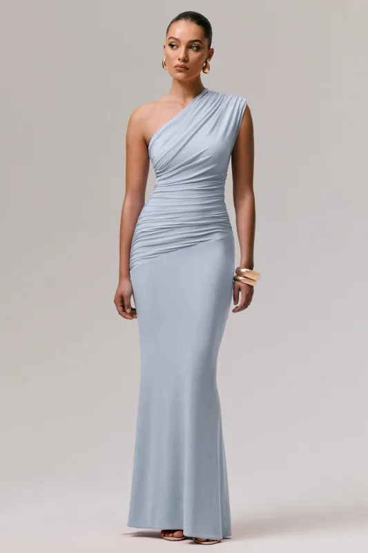 Mardi | Powder Blue Asymmetric Maxi Dress With Ruching sold by Club L London