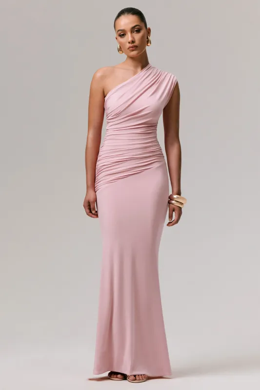 Mardi | Pink Asymmetric Maxi Dress With Ruching sold by Club L London