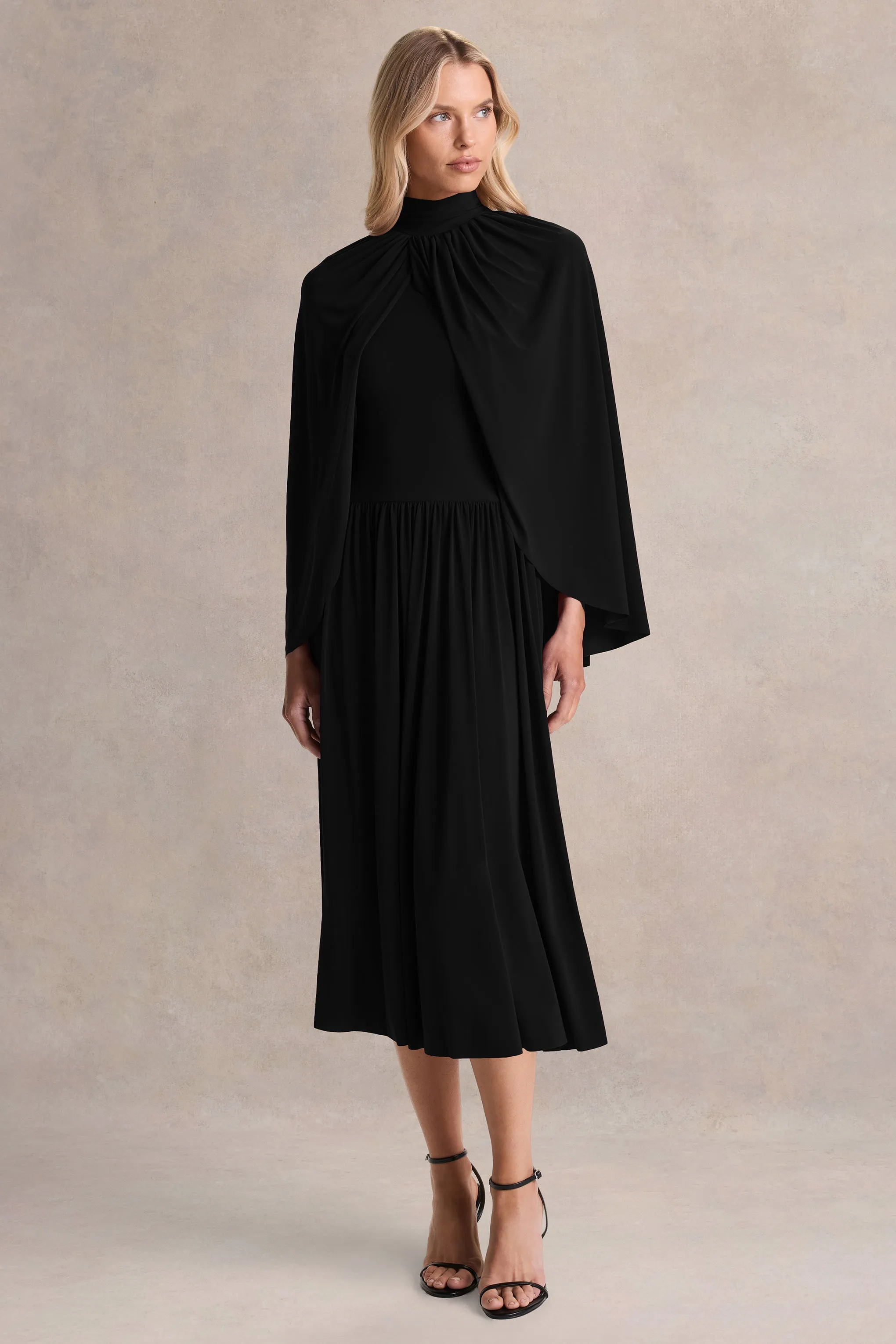Honora | Black High-Neck Midi Dress With Cape-Sleeves sold by Club L London product image thumbnail 5