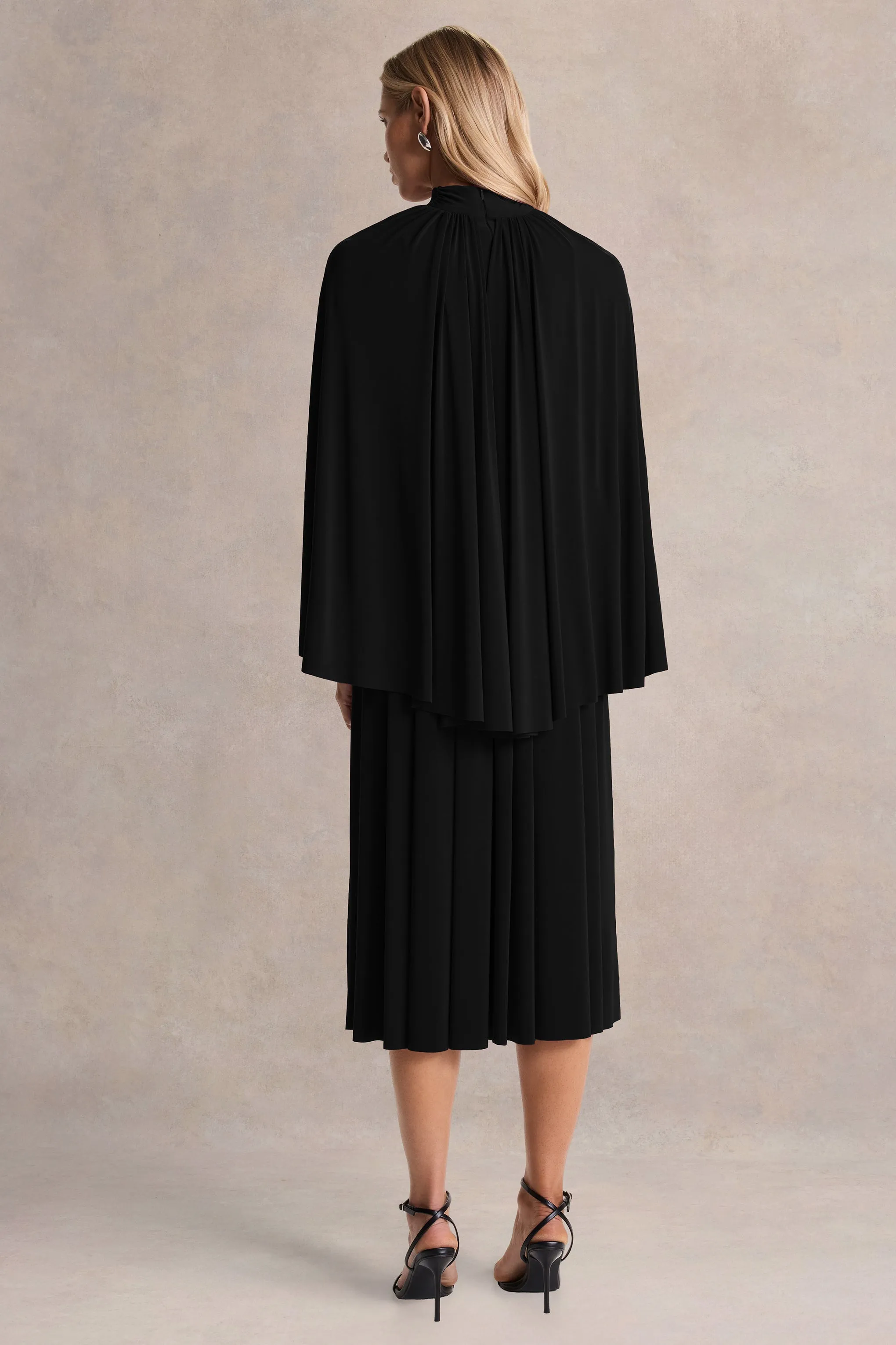 Honora | Black High-Neck Midi Dress With Cape-Sleeves sold by Club L London product image thumbnail 2