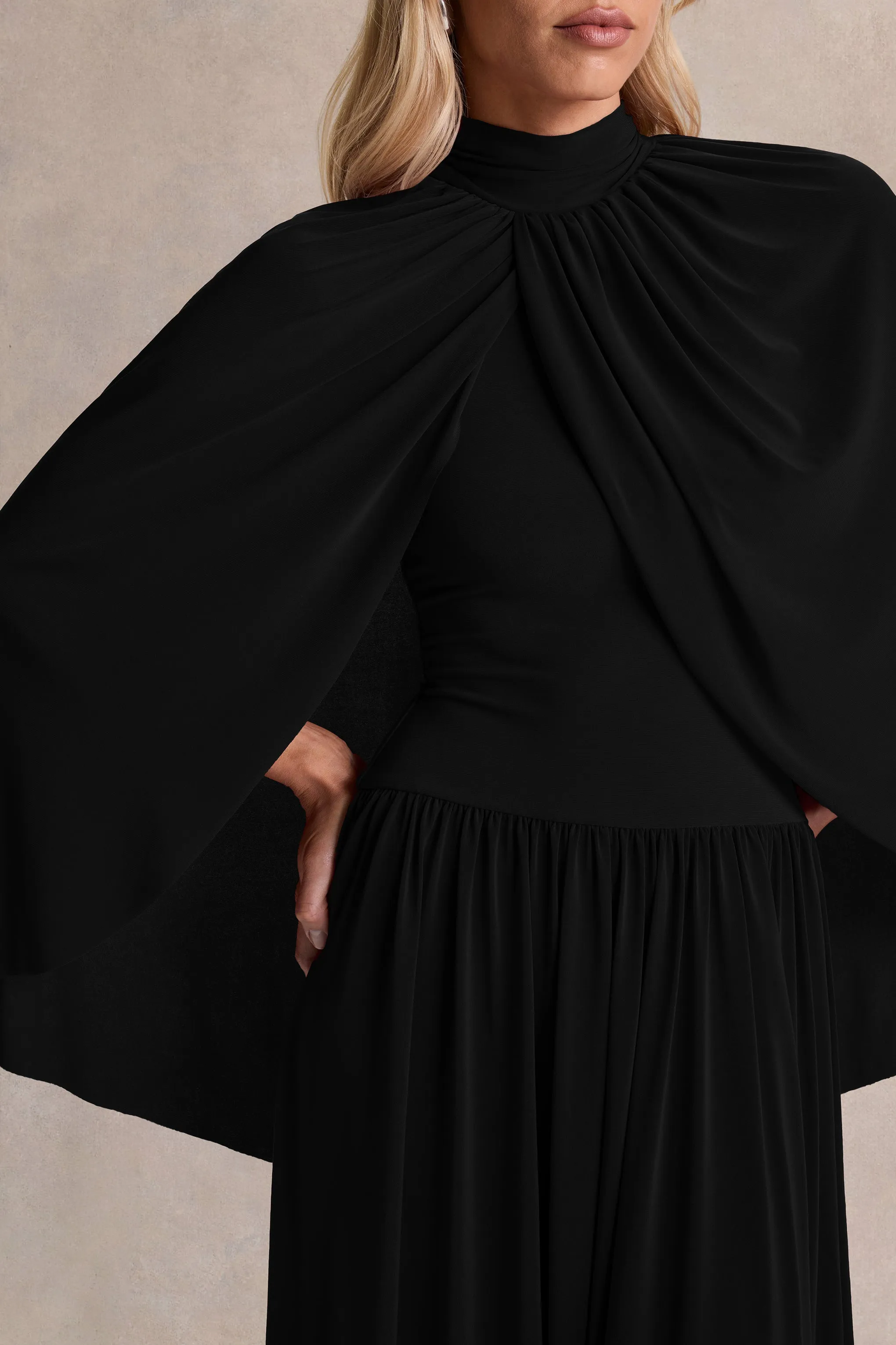 Honora | Black High-Neck Midi Dress With Cape-Sleeves sold by Club L London product image thumbnail 3