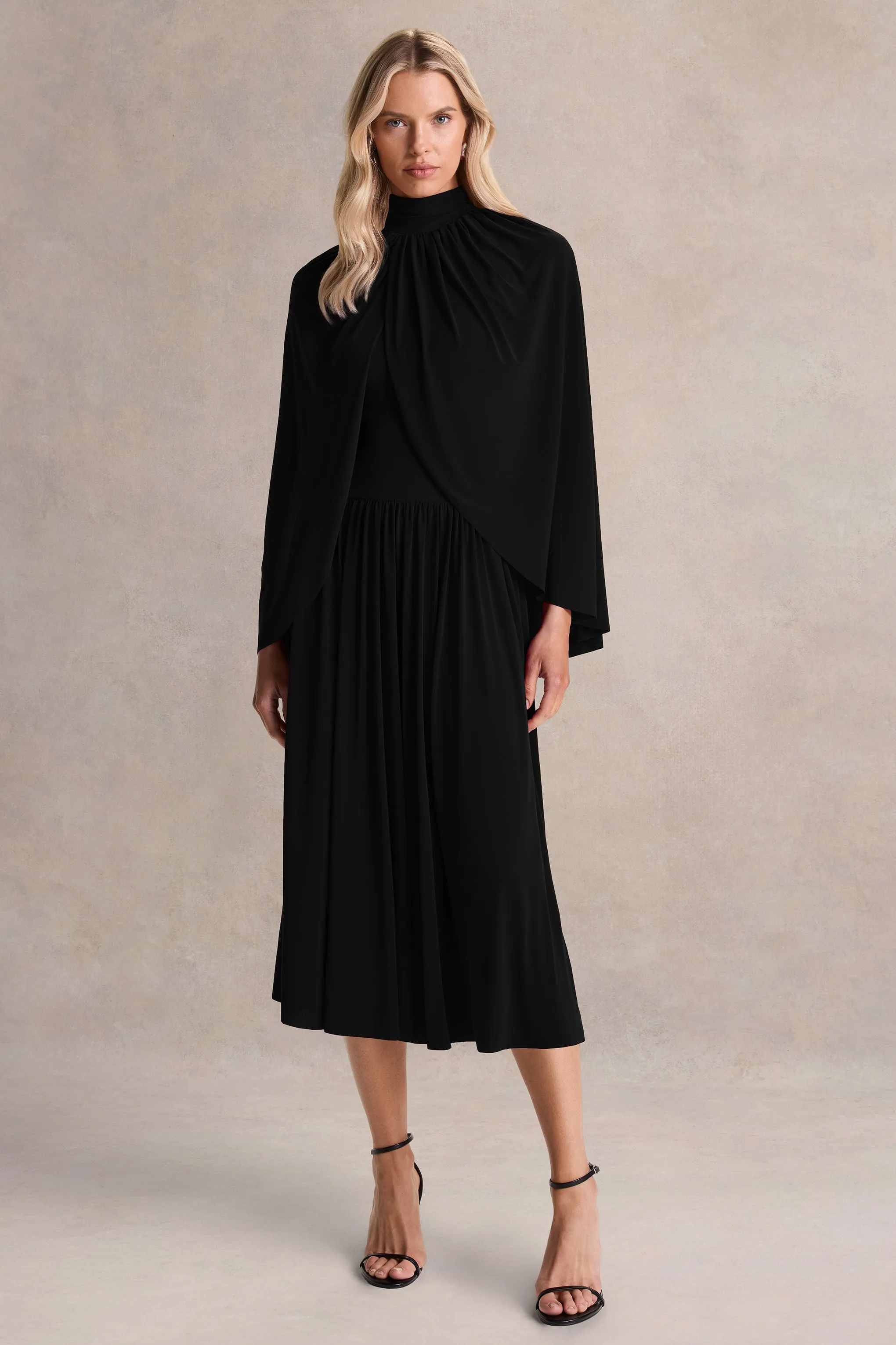 Honora | Black High-Neck Midi Dress With Cape-Sleeves sold by Club L London product image thumbnail 4