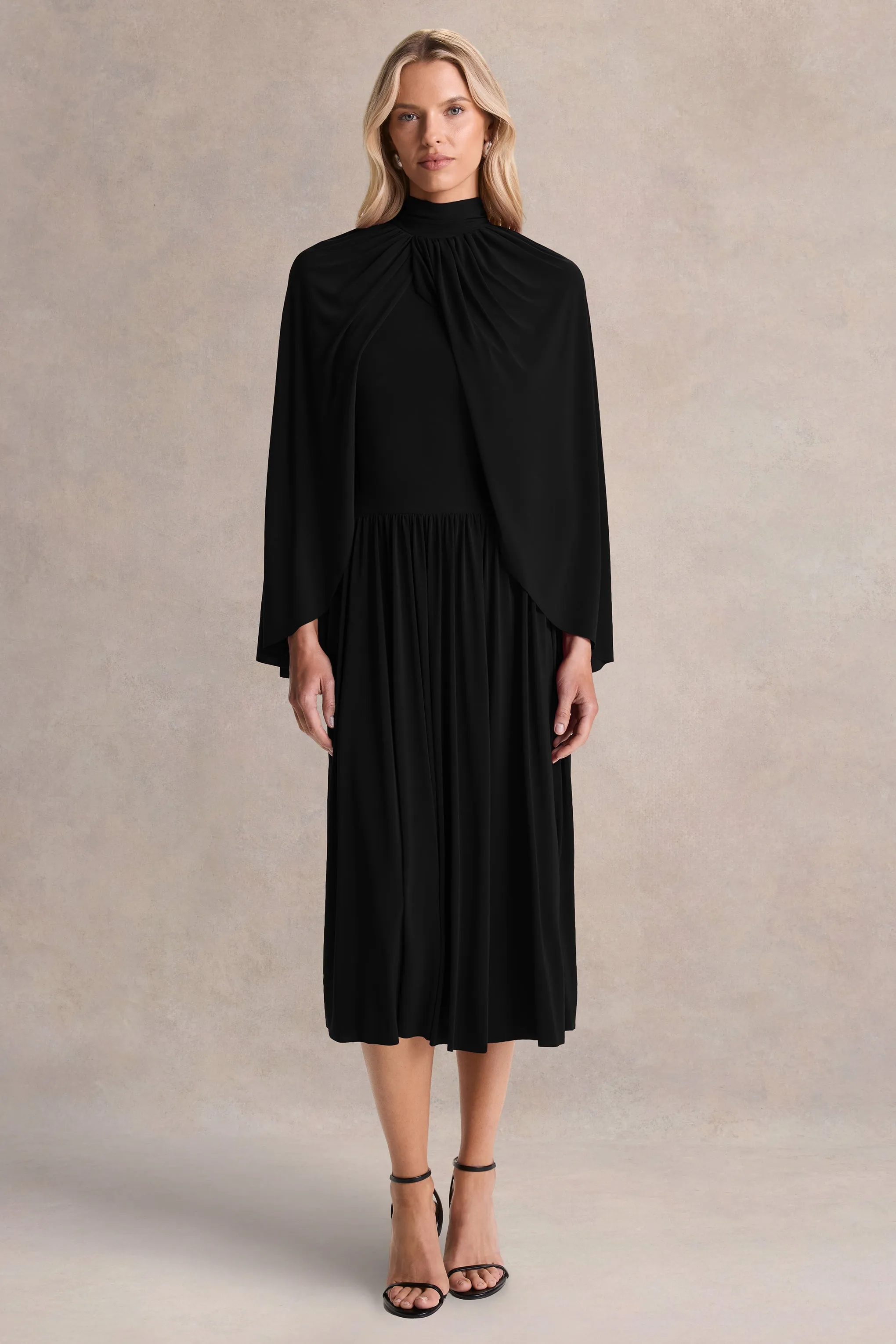 Honora | Black High-Neck Midi Dress With Cape-Sleeves sold by Club L London