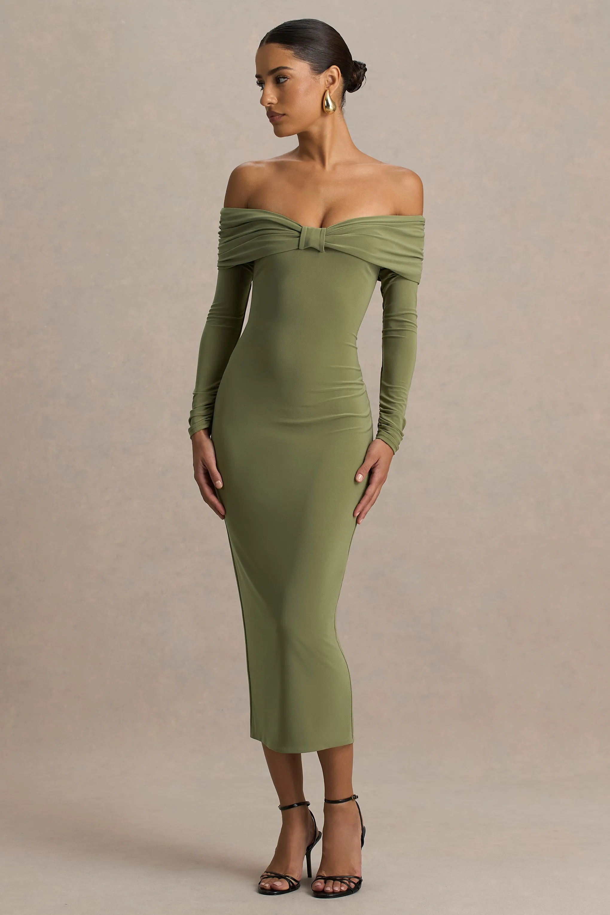 Spark | Olive Bardot-Neck Midi Dress With Bow Detail sold by Club L London product image thumbnail 4