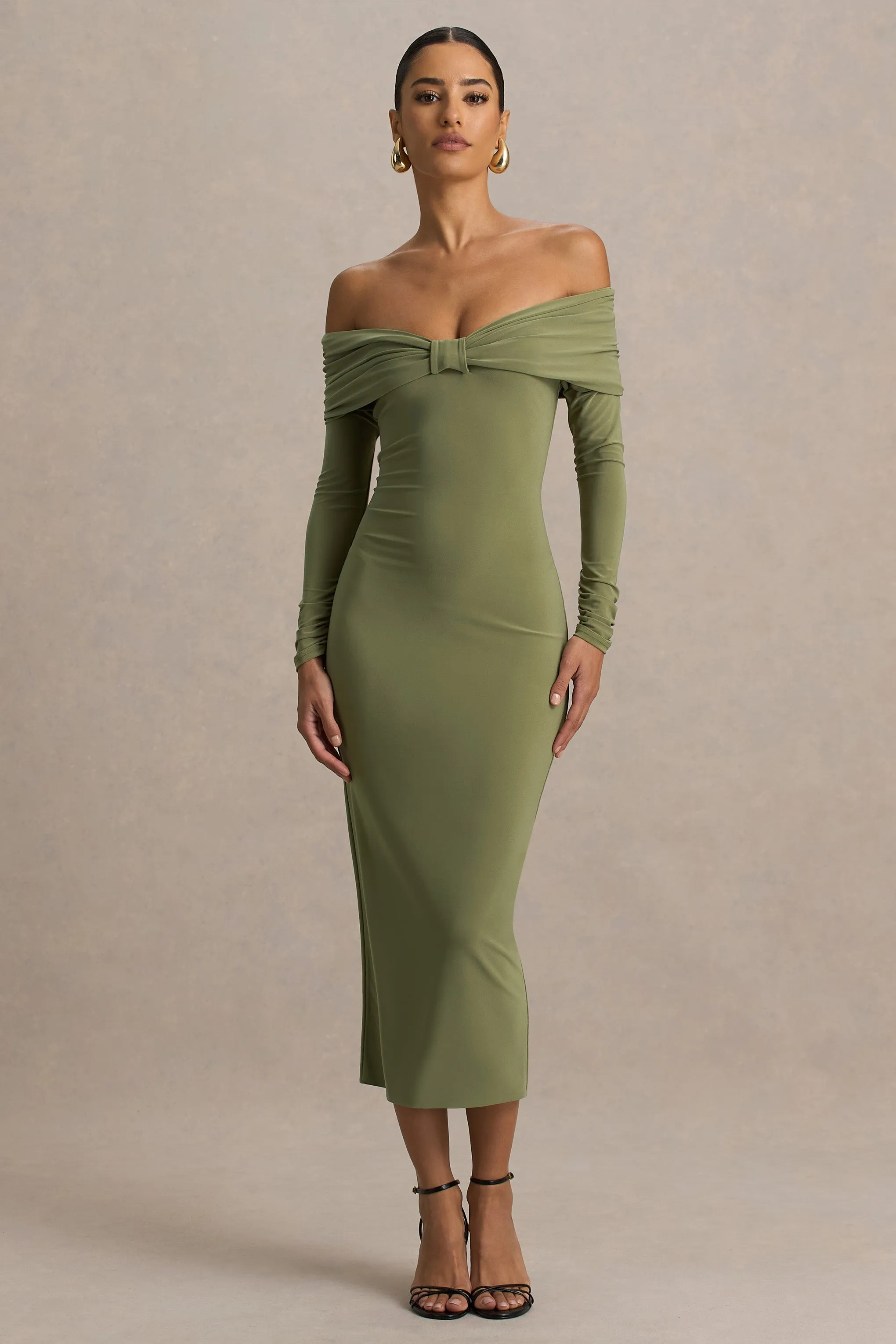Spark | Olive Bardot-Neck Midi Dress With Bow Detail sold by Club L London