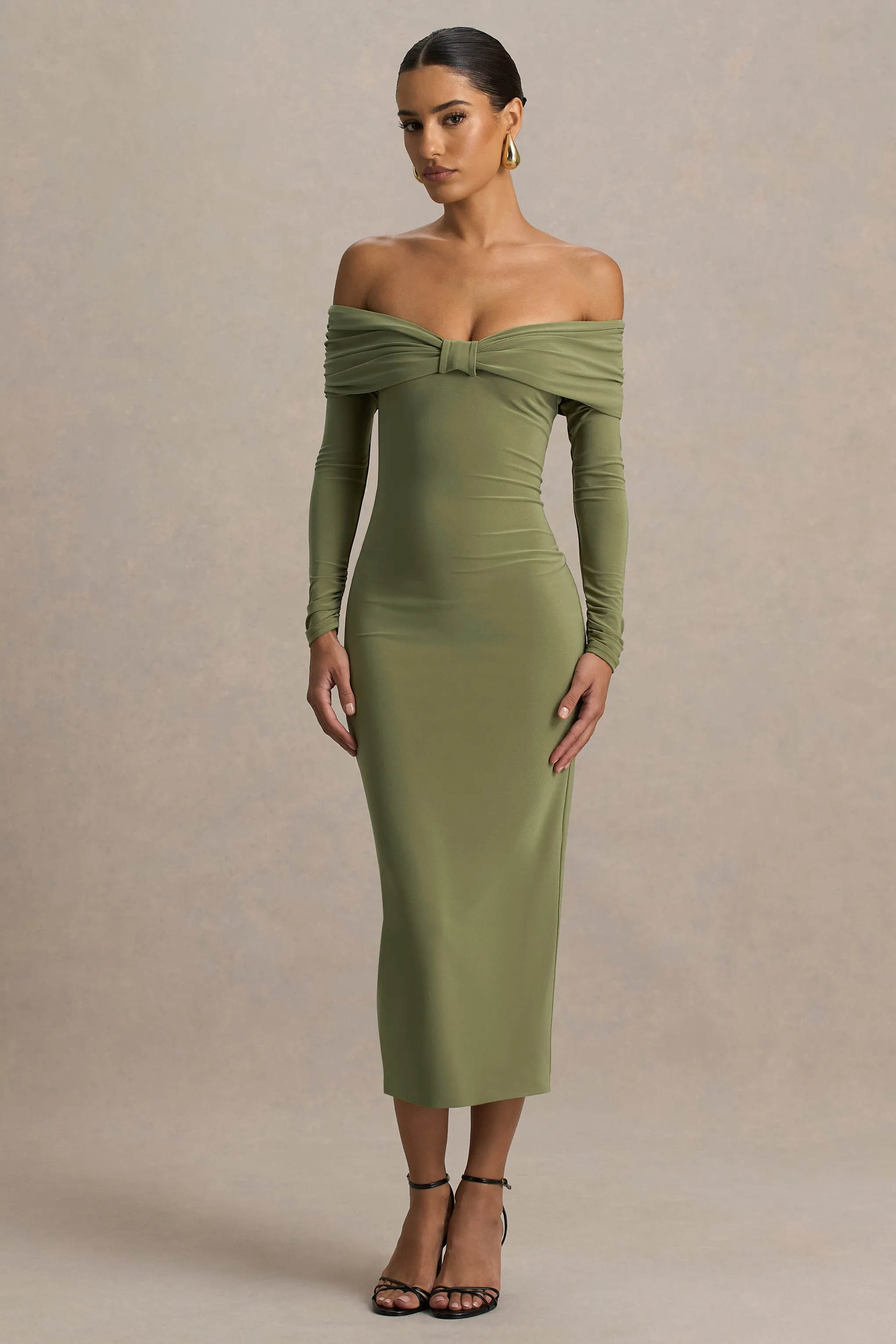 Spark | Olive Bardot-Neck Midi Dress With Bow Detail sold by Club L London product image thumbnail 3