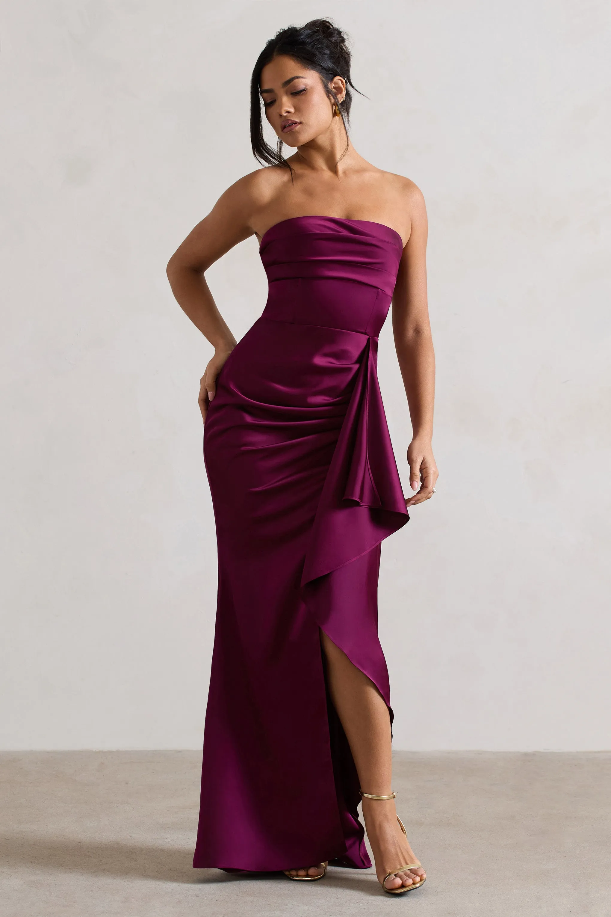 Ace | Plum Satin Bandeau Split Maxi Dress With Ruffle Drape sold by Club L London