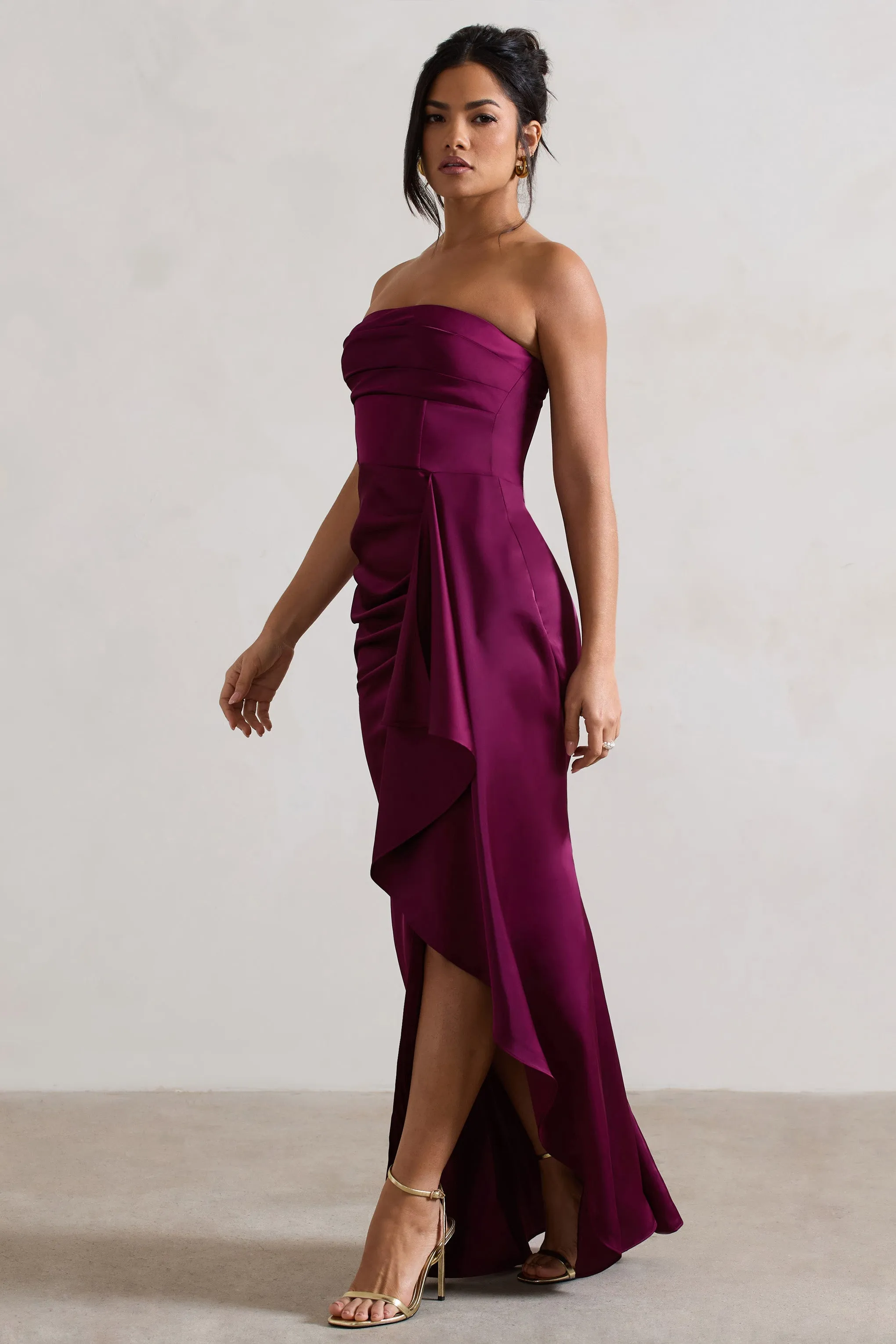 Ace | Plum Satin Bandeau Split Maxi Dress With Ruffle Drape sold by Club L London product image thumbnail 5