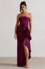 Ace | Plum Satin Bandeau Split Maxi Dress With Ruffle Drape sold by Club L London