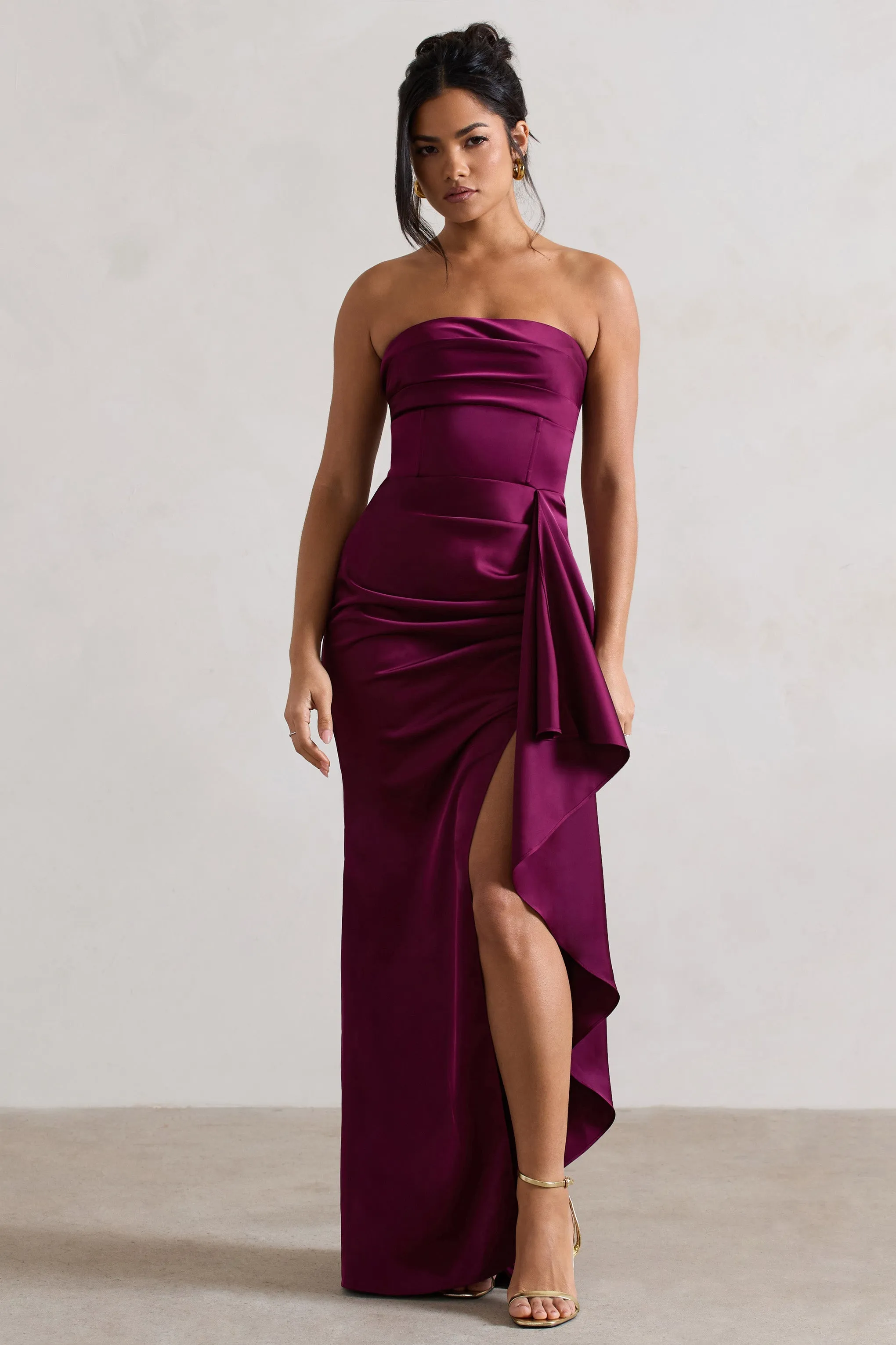 Ace | Plum Satin Bandeau Split Maxi Dress With Ruffle Drape sold by Club L London product image thumbnail 4