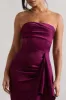 Ace | Plum Satin Bandeau Split Maxi Dress With Ruffle Drape sold by Club L London