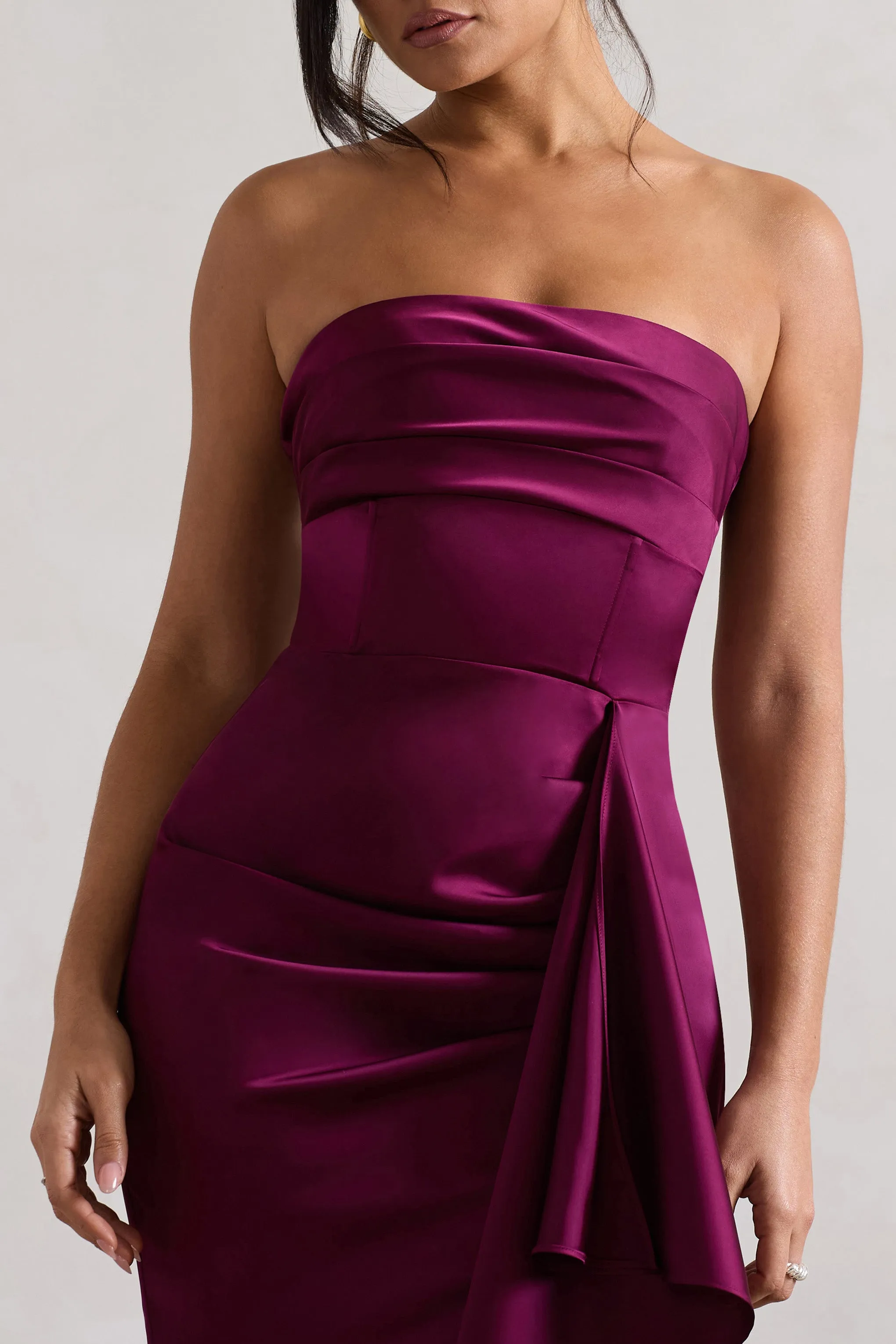Ace | Plum Satin Bandeau Split Maxi Dress With Ruffle Drape sold by Club L London product image thumbnail 3
