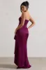 Ace | Plum Satin Bandeau Split Maxi Dress With Ruffle Drape sold by Club L London
