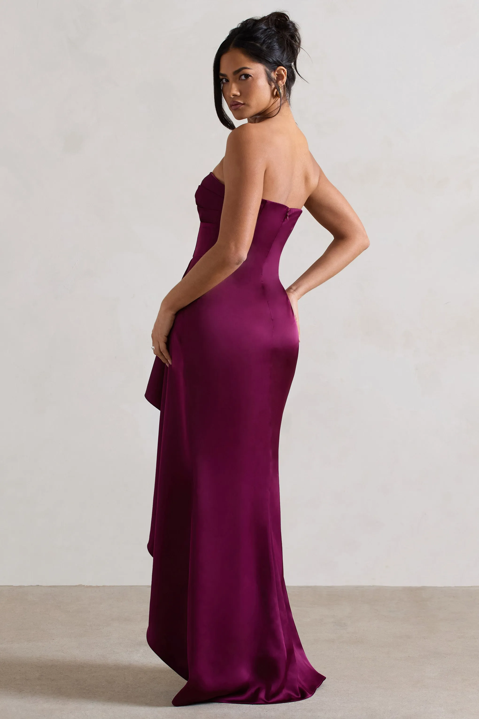 Ace | Plum Satin Bandeau Split Maxi Dress With Ruffle Drape sold by Club L London product image thumbnail 2