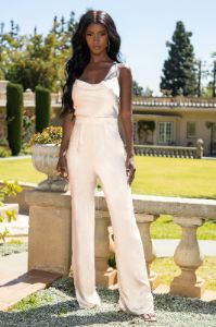 Other Half | Cream Satin Cowl Neck Wide Leg Jumpsuit With Cross Back Detail sold by Club L London