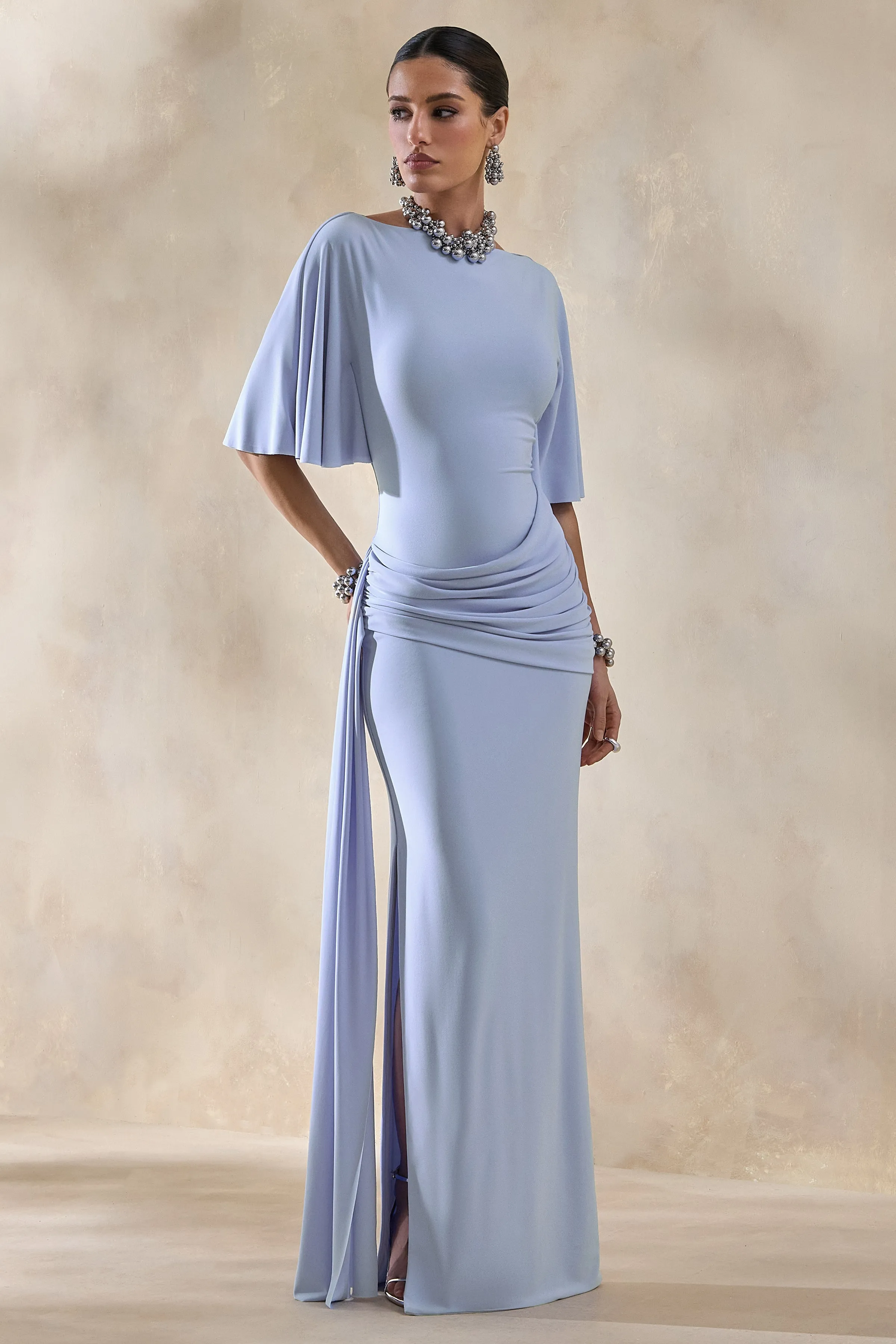 Emerelle | Powder Blue Wide-Neck Maxi Dress With Sash And Draped-Detailing sold by Club L London