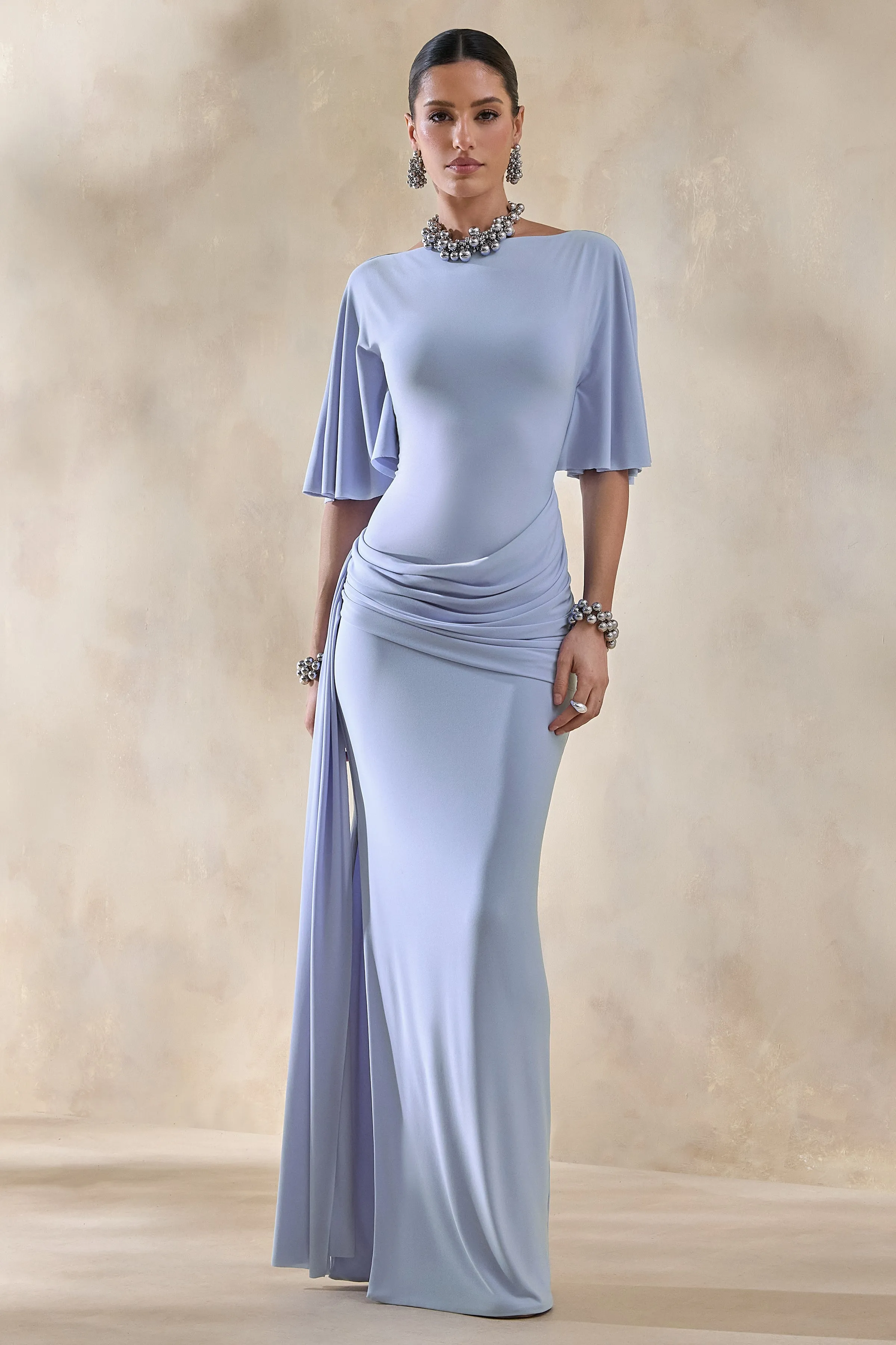 Emerelle | Powder Blue Wide-Neck Maxi Dress With Sash And Draped-Detailing sold by Club L London product image thumbnail 4