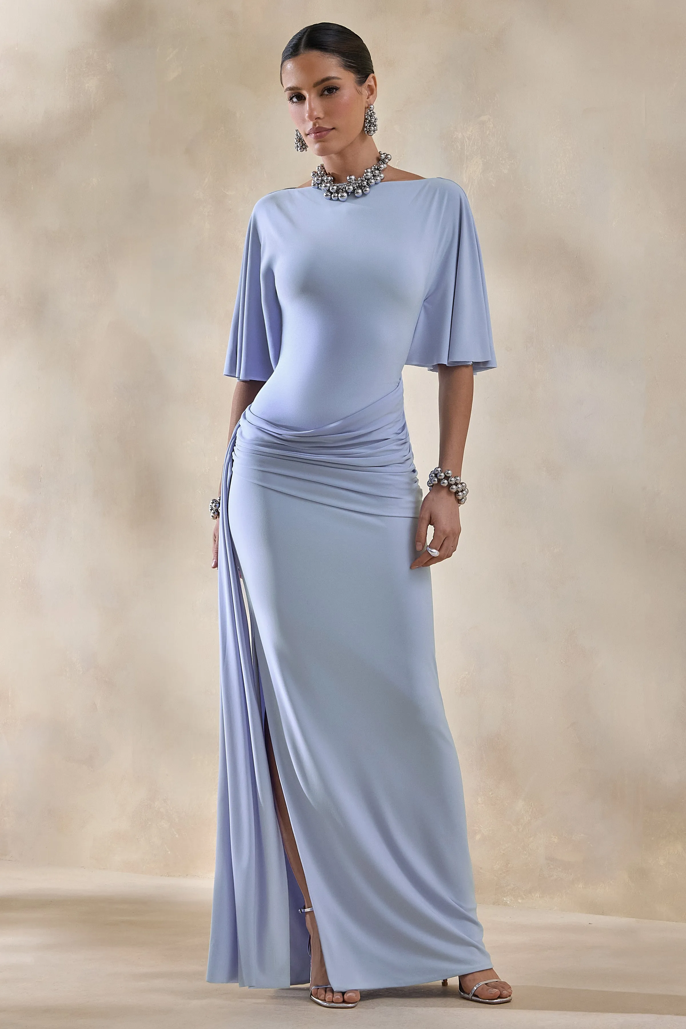 Emerelle | Powder Blue Wide-Neck Maxi Dress With Sash And Draped-Detailing sold by Club L London product image thumbnail 5