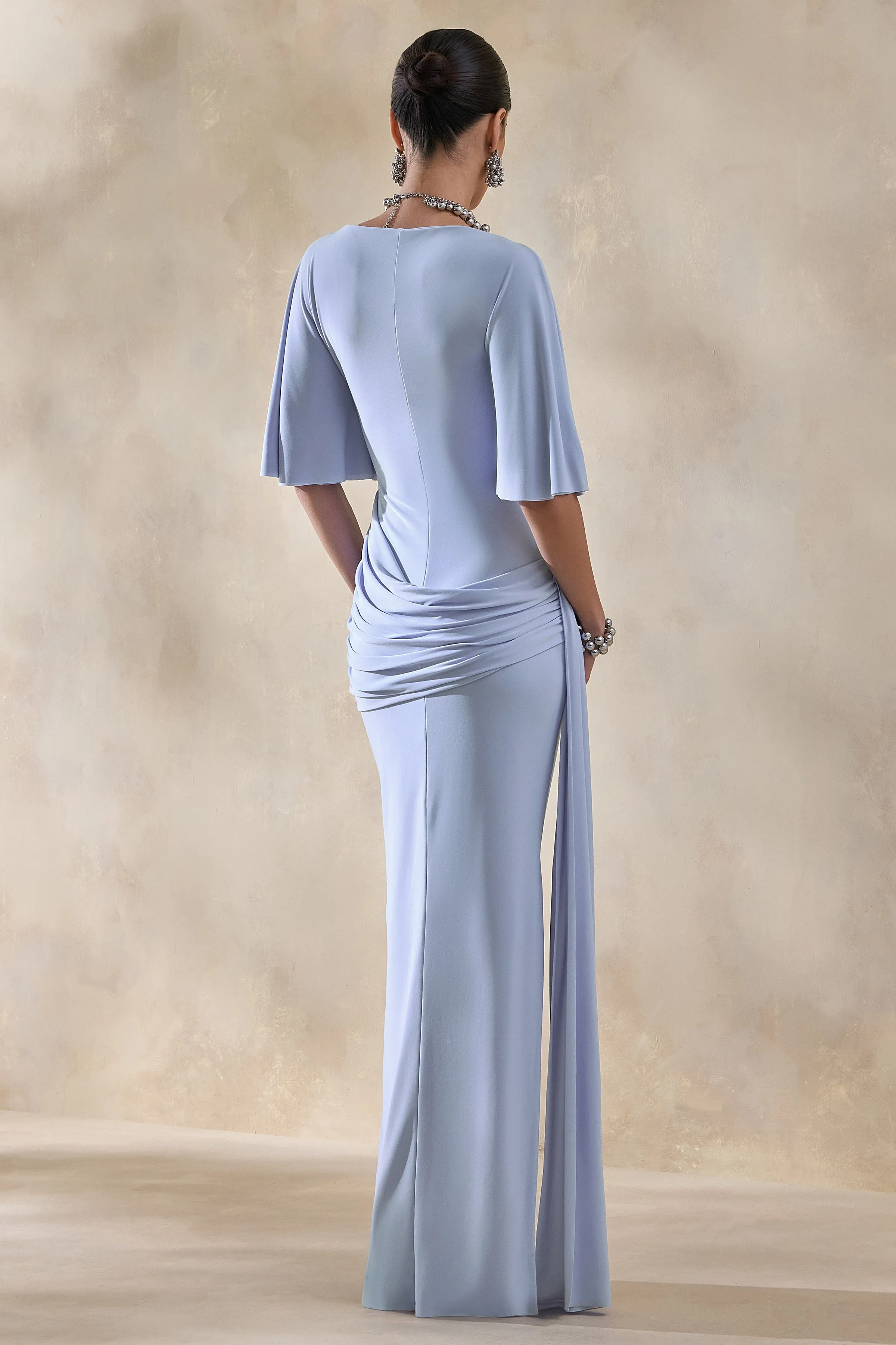 Emerelle | Powder Blue Wide-Neck Maxi Dress With Sash And Draped-Detailing sold by Club L London product image thumbnail 2