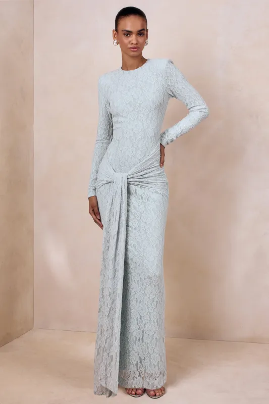Evangela | Powder Blue Lace Crew-Neck Maxi Dress With Wrap-Detail sold by Club L London