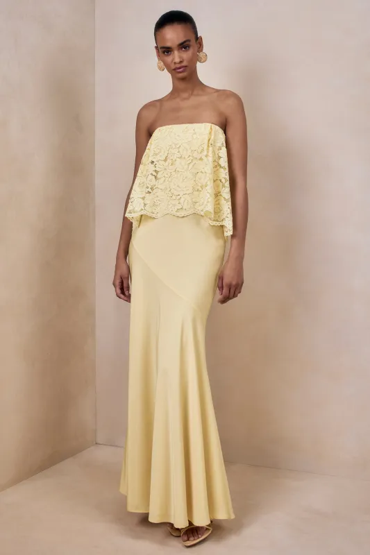Clemency | Lemon Lace And Satin Bandeau Maxi Dress sold by Club L London