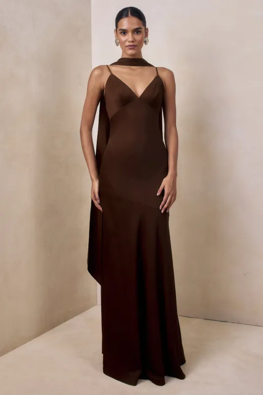 Starling | Brown Satin Plunge-Neck Maxi Dress With Scarf-Detail sold by Club L London