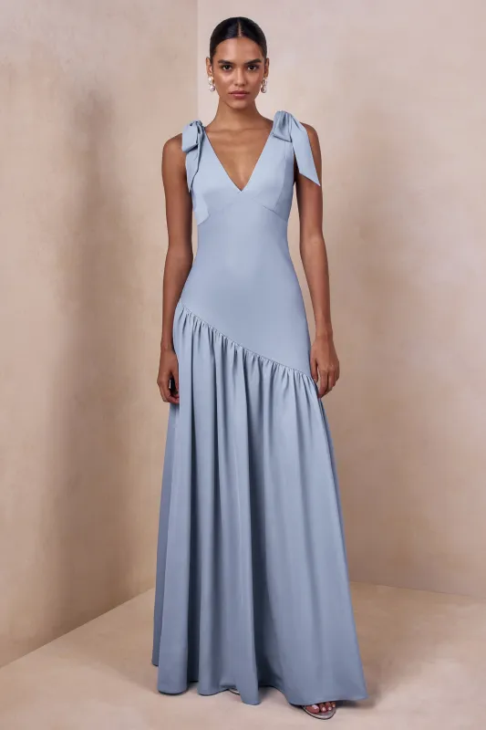 Cala | Powder Blue Satin Plunge-Neck Maxi Dress With Bow-Sleeves made by Club L London