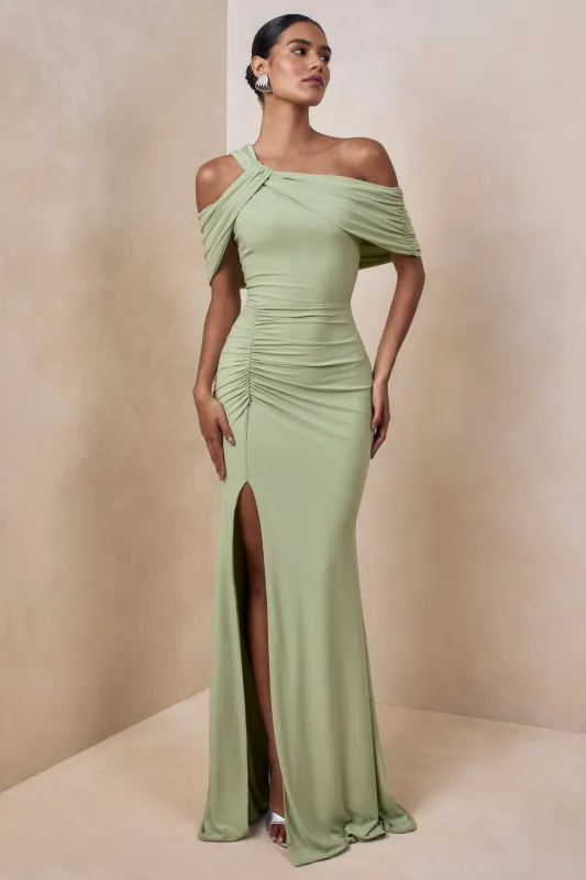 Nala | Mint Asymmetric-Neck Maxi Dress With Gathered Detailing made by Club L London