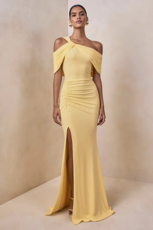 Nala | Lemon Asymmetric-Neck Maxi Dress With Gathered Detailing sold by Club L London