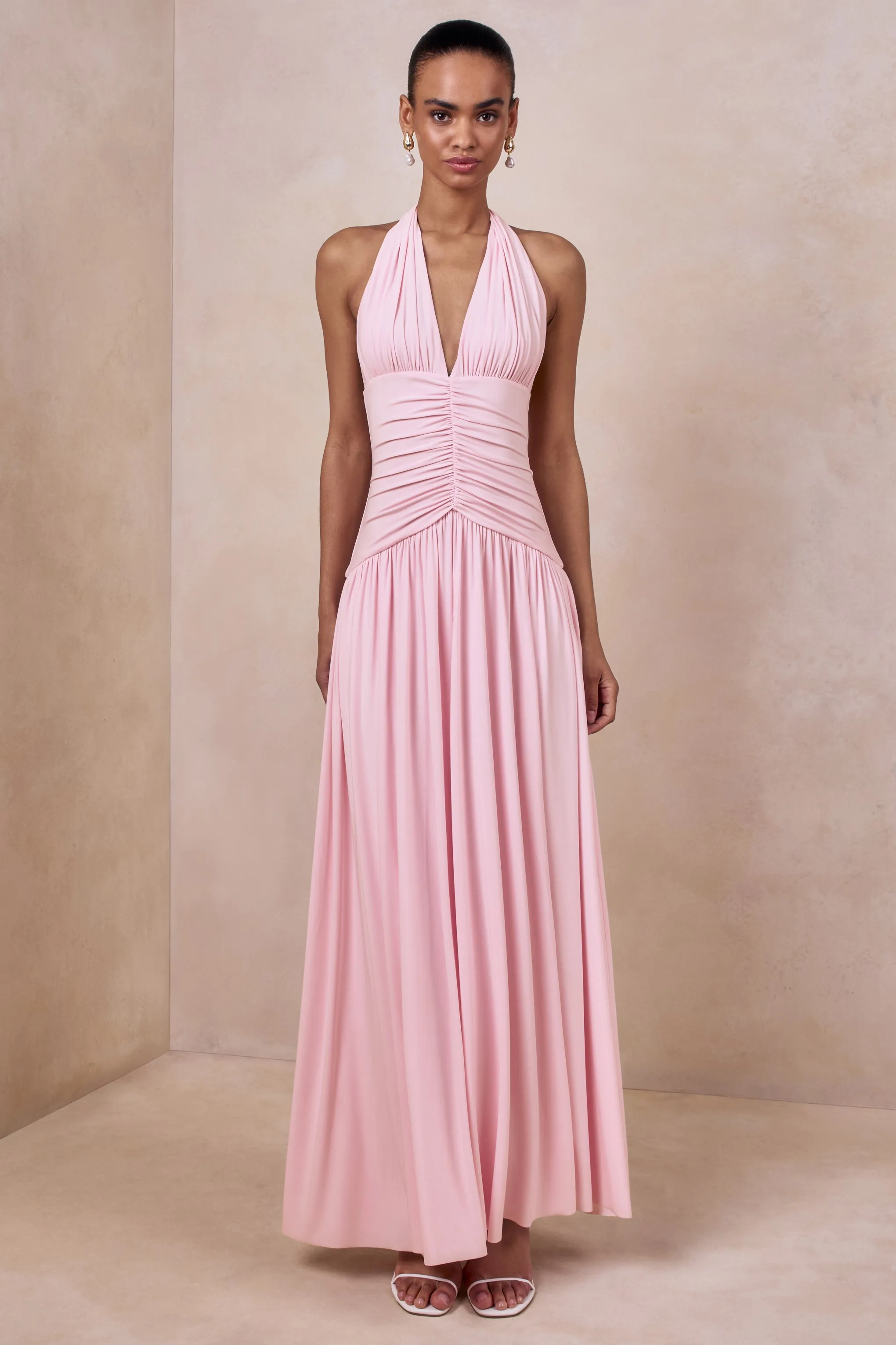 Bettina | Pink Plunge-Neck Maxi Dress With Gathered-Detailing sold by Club L London product image thumbnail 3