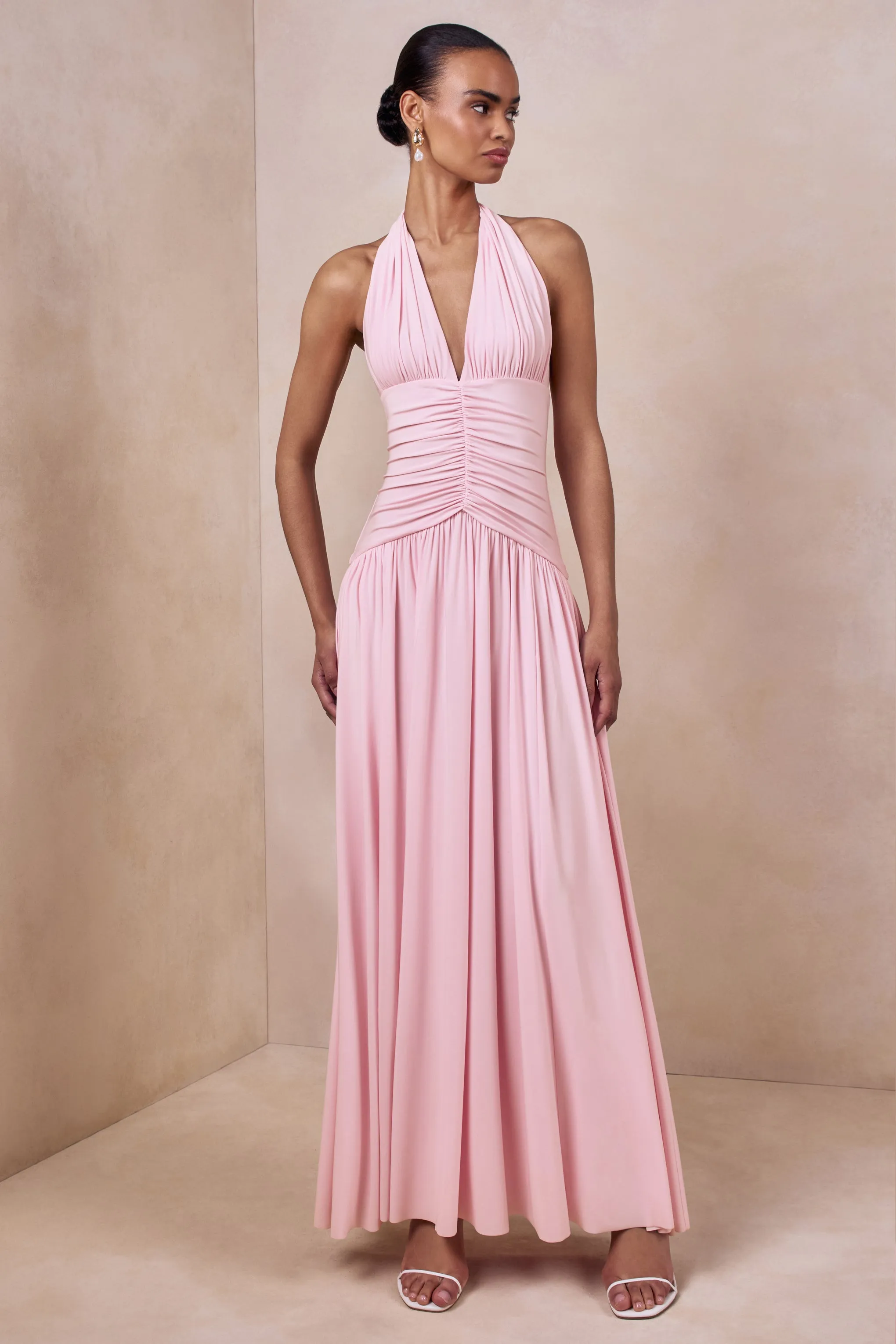 Bettina | Pink Plunge-Neck Maxi Dress With Gathered-Detailing sold by Club L London product image thumbnail 4