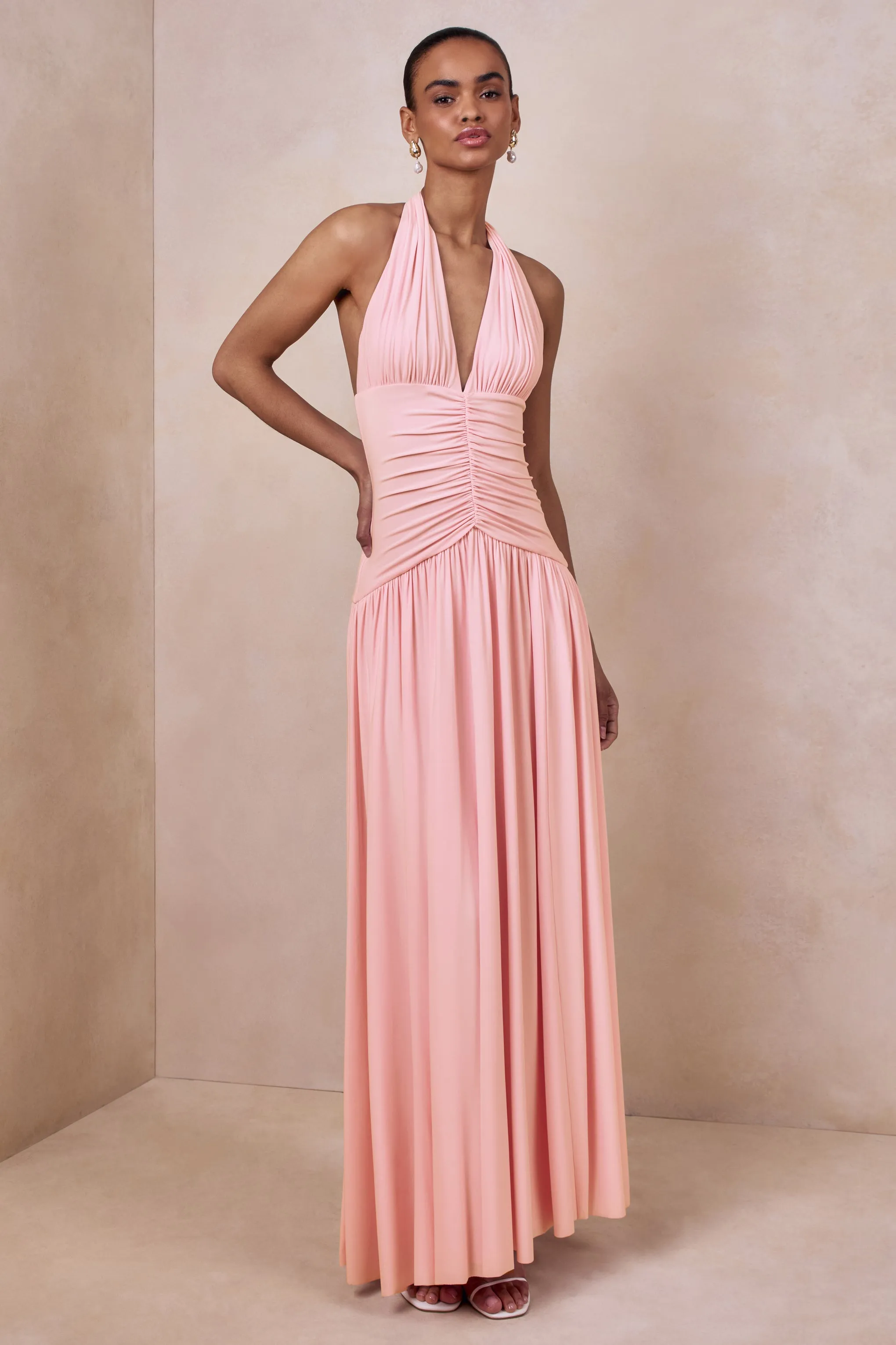 Bettina | Pink Plunge-Neck Maxi Dress With Gathered-Detailing sold by Club L London