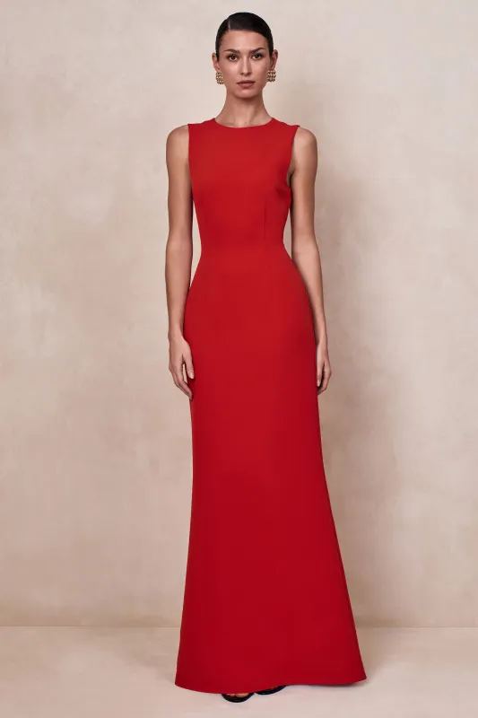 Astrelle | Red High-Neck Maxi Dress made by Club L London